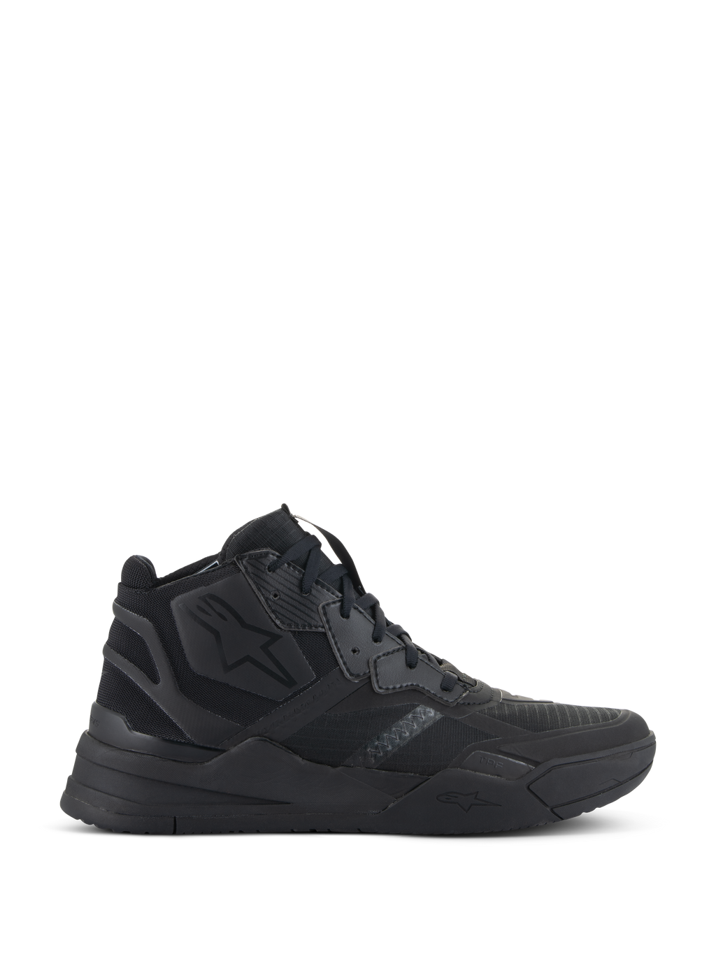 Alpinestars Speedflight schoenen, zwarte hoge sneakers, urban motorschoenen, ripstop bovenwerk met naadloze versterking, Alpinestars sterlogo, dikke zool met dubbele dichtheid, moderne streetwear-stijl