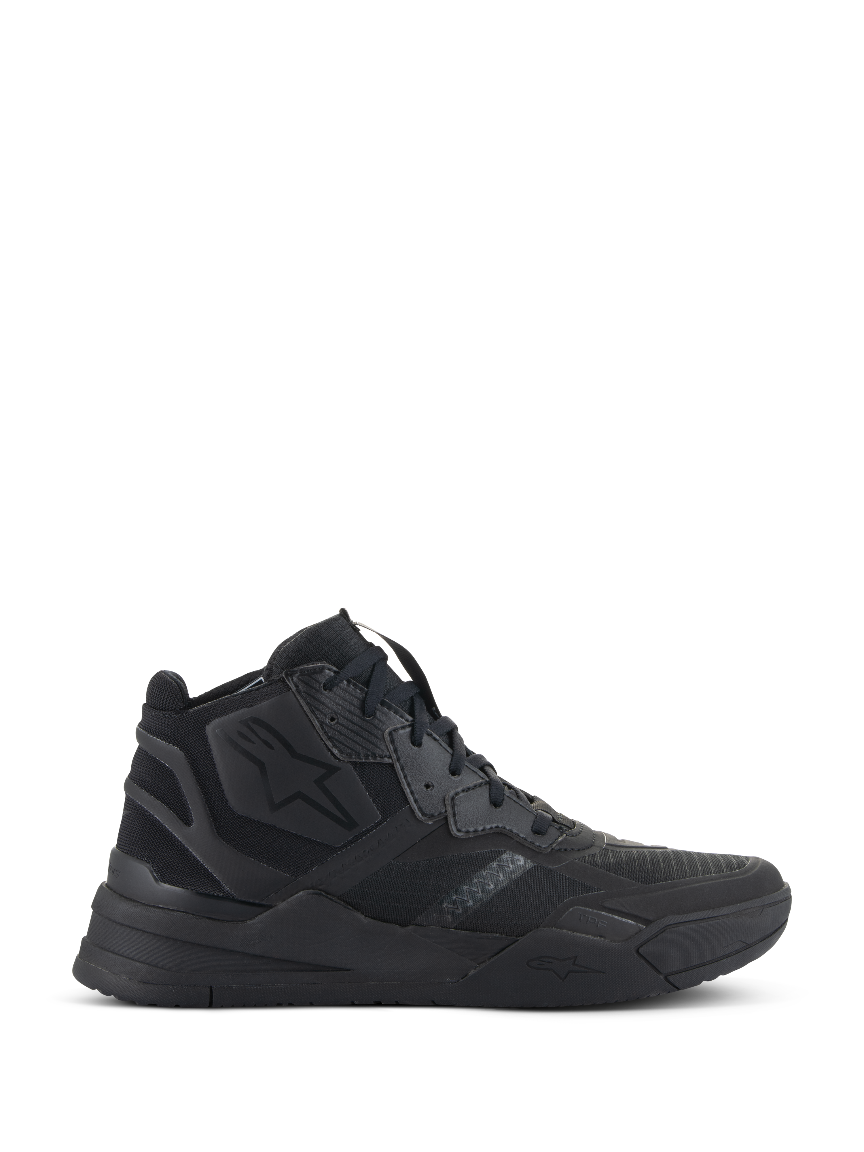 Alpinestars Speedflight schoenen, zwarte hoge sneakers, urban motorschoenen, ripstop bovenwerk met naadloze versterking, Alpinestars sterlogo, dikke zool met dubbele dichtheid, moderne streetwear-stijl