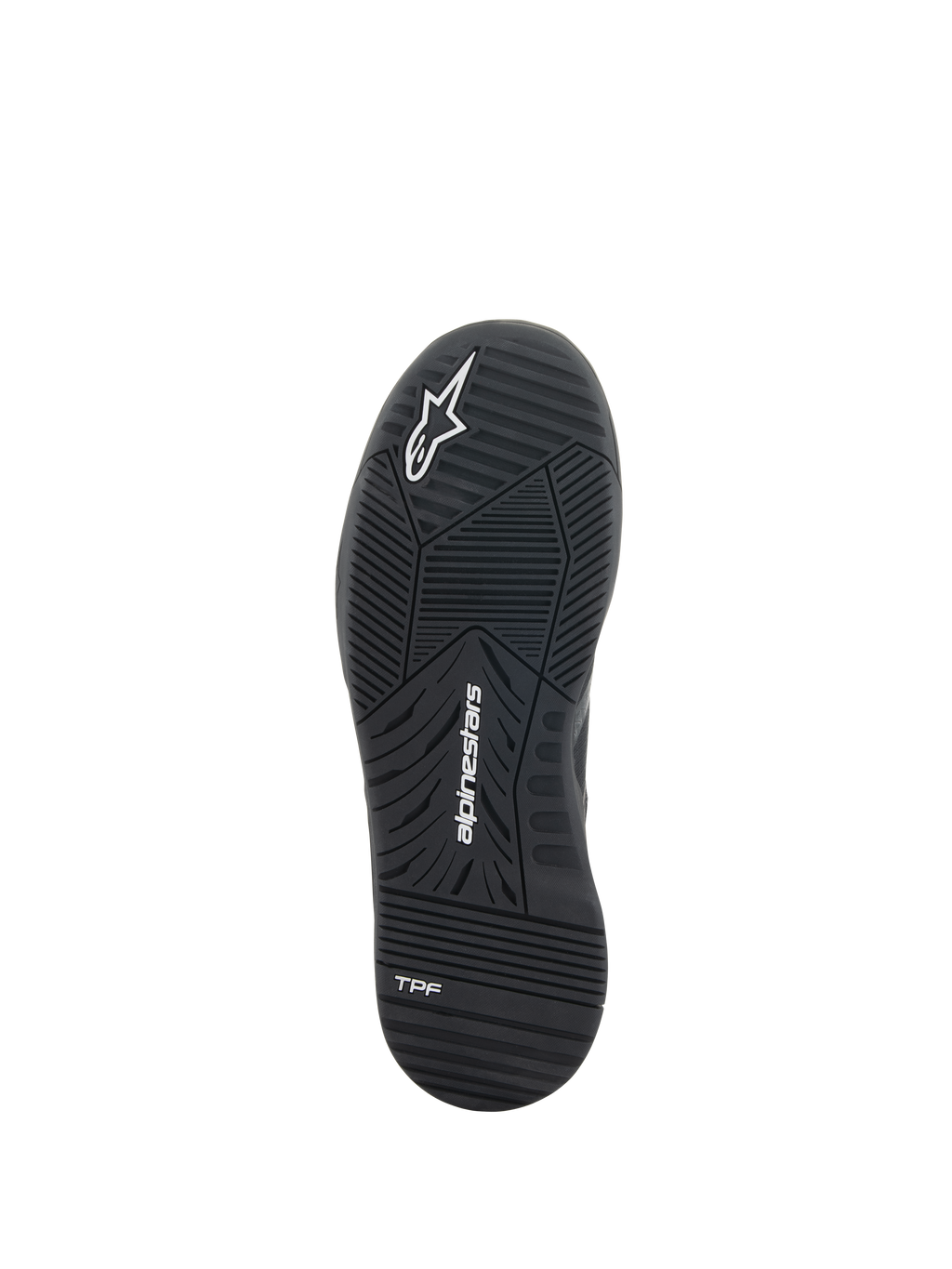 Alpinestars Speedflight schoenen, motorschoenen, zwart, onderaanzicht van de dual-density rubberen zool met Alpinestars-logo en TPF-branding, technisch loopvlakpatroon voor stedelijke prestaties