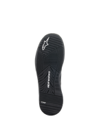 Alpinestars Speedflight schoenen, motorschoenen, zwart, onderaanzicht van de dual-density rubberen zool met Alpinestars-logo en TPF-branding, technisch loopvlakpatroon voor stedelijke prestaties