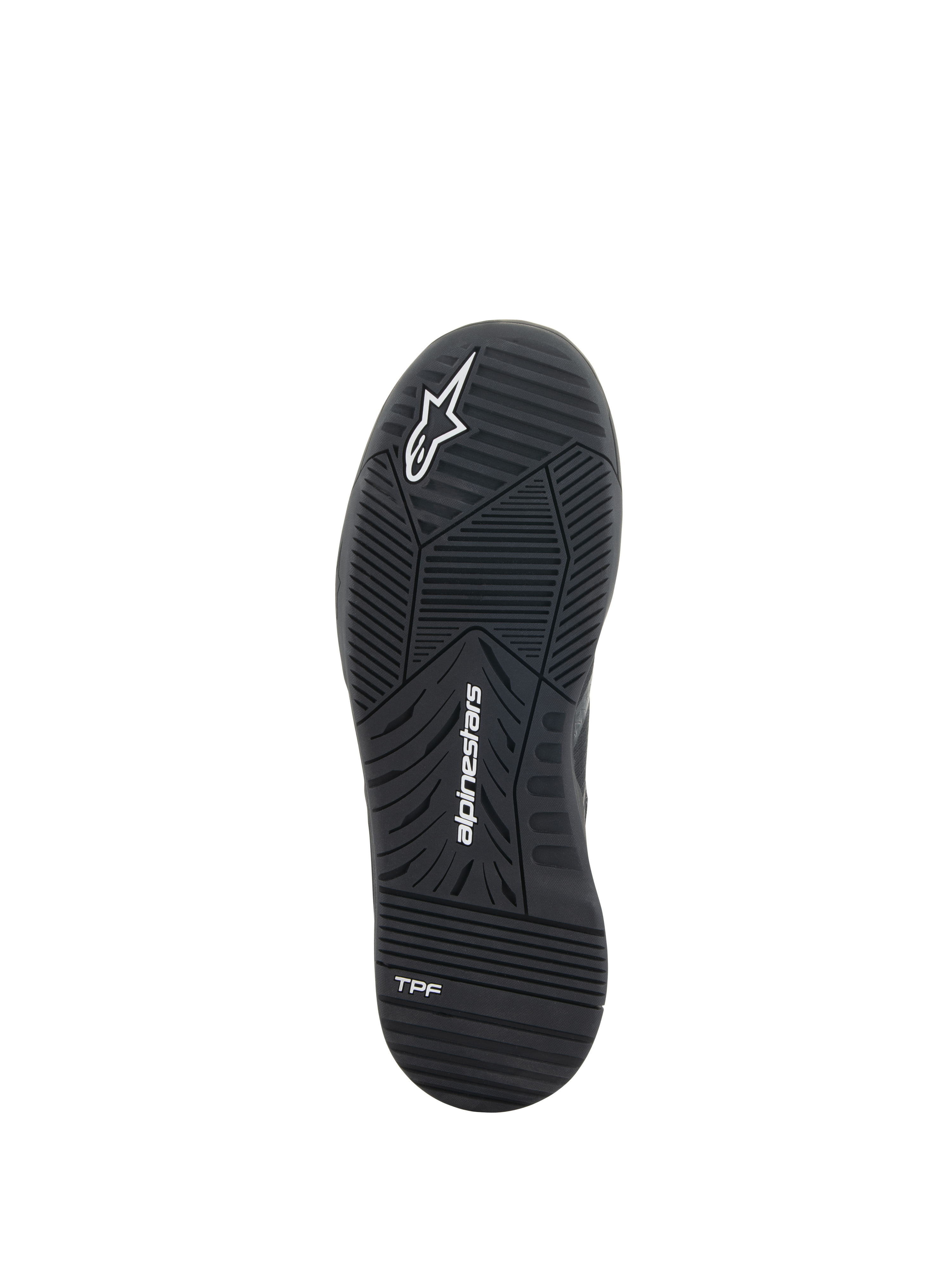 Alpinestars Speedflight schoenen, motorschoenen, zwart, onderaanzicht van de dual-density rubberen zool met Alpinestars-logo en TPF-branding, technisch loopvlakpatroon voor stedelijke prestaties