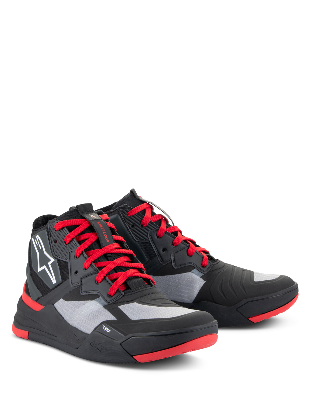 Alpinestars Speedflight schoenen, performance motorschoenen, zwart, felrood en wit, met een ripstop bovenwerk en grijze panelen, rode veters en zoolaccenten, wit Astars-logo op de zijkant, sportief motorsneaker-ontwerp