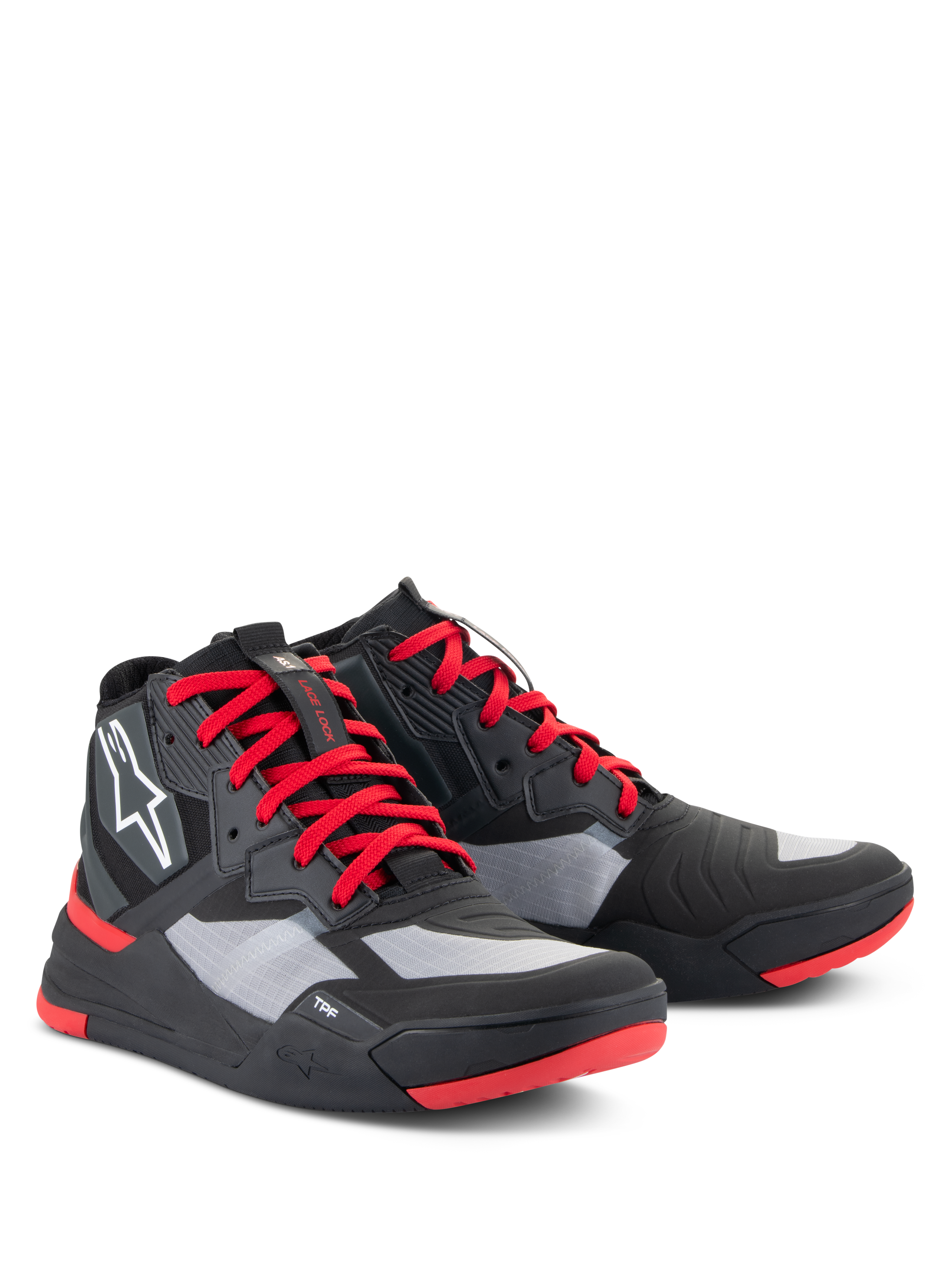 Alpinestars Speedflight schoenen, performance motorschoenen, zwart, felrood en wit, met een ripstop bovenwerk en grijze panelen, rode veters en zoolaccenten, wit Astars-logo op de zijkant, sportief motorsneaker-ontwerp