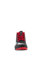 Alpinestars Speedflight Shoes, performance motorschoenen, zwart met helderrood en wit, vooraanzicht met felrode veters, veterhouder op de tong en naadloze versterkingspanelen voor stedelijk motorrijden