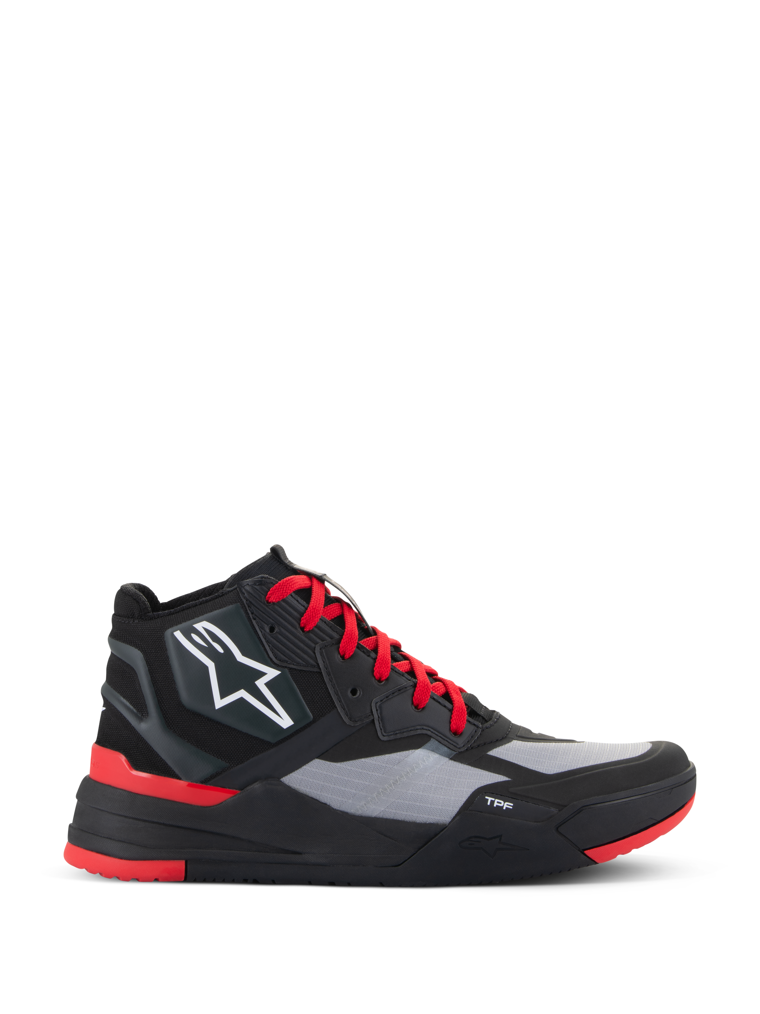 Alpinestars Speedflight Shoes, hoge motorsneakers, zwart en felrood met grijze panelen, voorzien van wit sterlogo, rode veters en sportief urban design met TPF-tussenzool