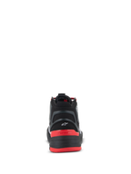 Alpinestars Speedflight schoenen, performance motorschoenen, zwart, felrood en wit, achteraanzicht met gegoten hielstuk met klein wit Astar-logo, rode hielkap met Alpinestars-tekst en performance ripstop bovenwerk