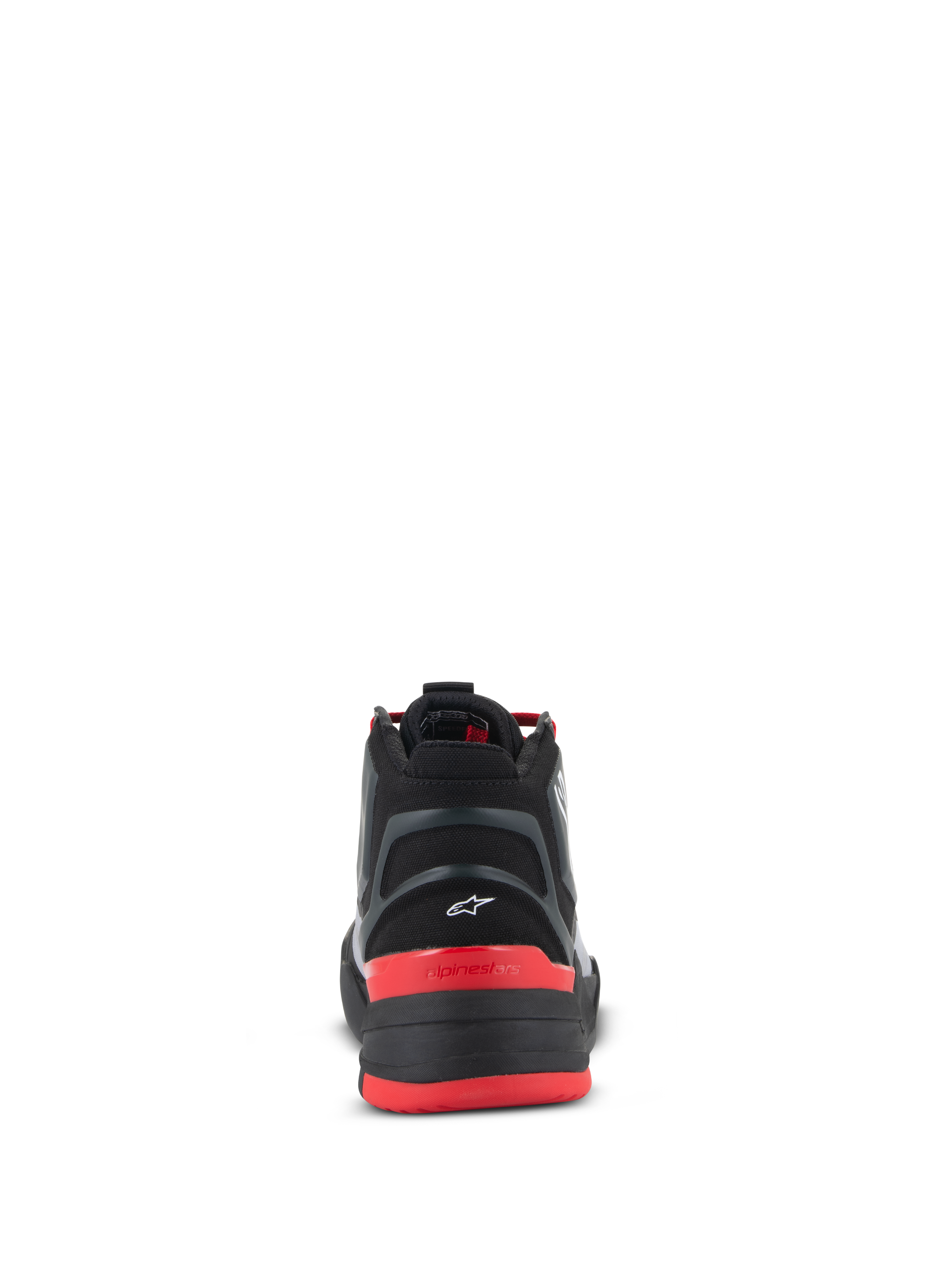 Alpinestars Speedflight schoenen, performance motorschoenen, zwart, felrood en wit, achteraanzicht met gegoten hielstuk met klein wit Astar-logo, rode hielkap met Alpinestars-tekst en performance ripstop bovenwerk