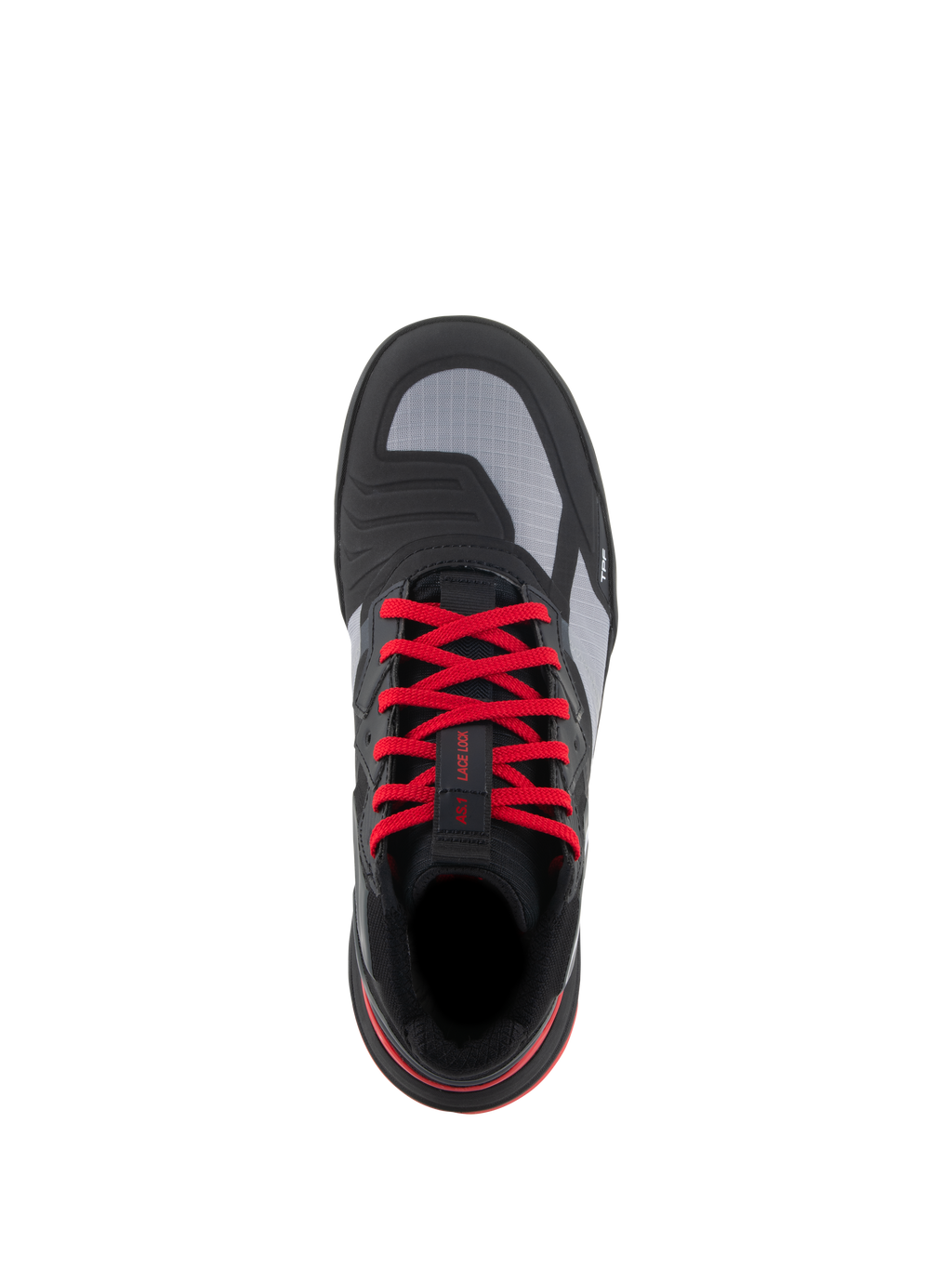 Alpinestars Speedflight schoenen, performance motorschoenen, zwart, felrood en wit, bovenaanzicht met opvallende rode veters, grijze ripstop bovenpanelen en geïntegreerd schakelvlak, urban motorschoenen.