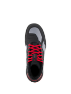 Alpinestars Speedflight schoenen, performance motorschoenen, zwart, felrood en wit, bovenaanzicht met opvallende rode veters, grijze ripstop bovenpanelen en geïntegreerd schakelvlak, urban motorschoenen.