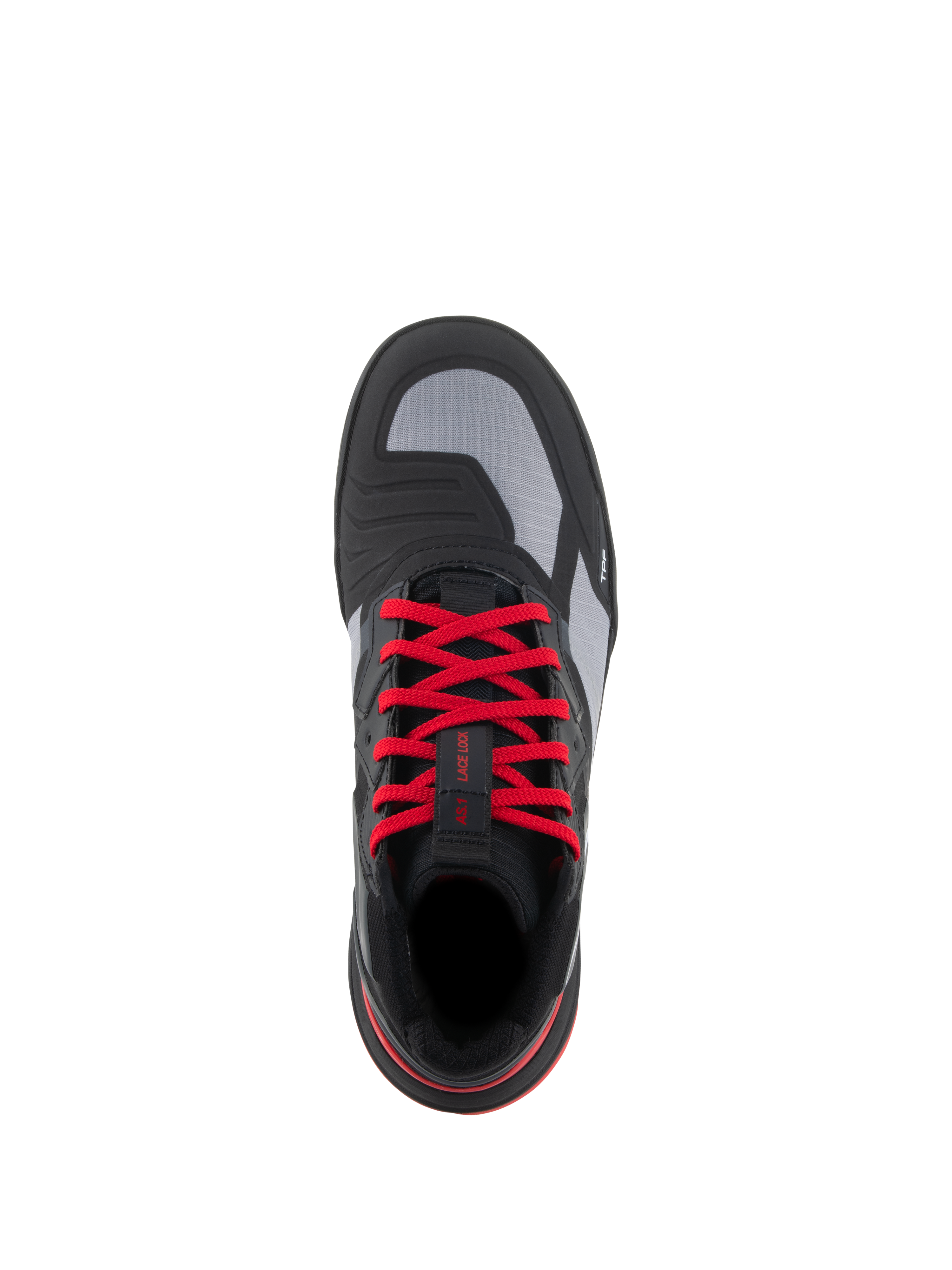 Alpinestars Speedflight schoenen, performance motorschoenen, zwart, felrood en wit, bovenaanzicht met opvallende rode veters, grijze ripstop bovenpanelen en geïntegreerd schakelvlak, urban motorschoenen.