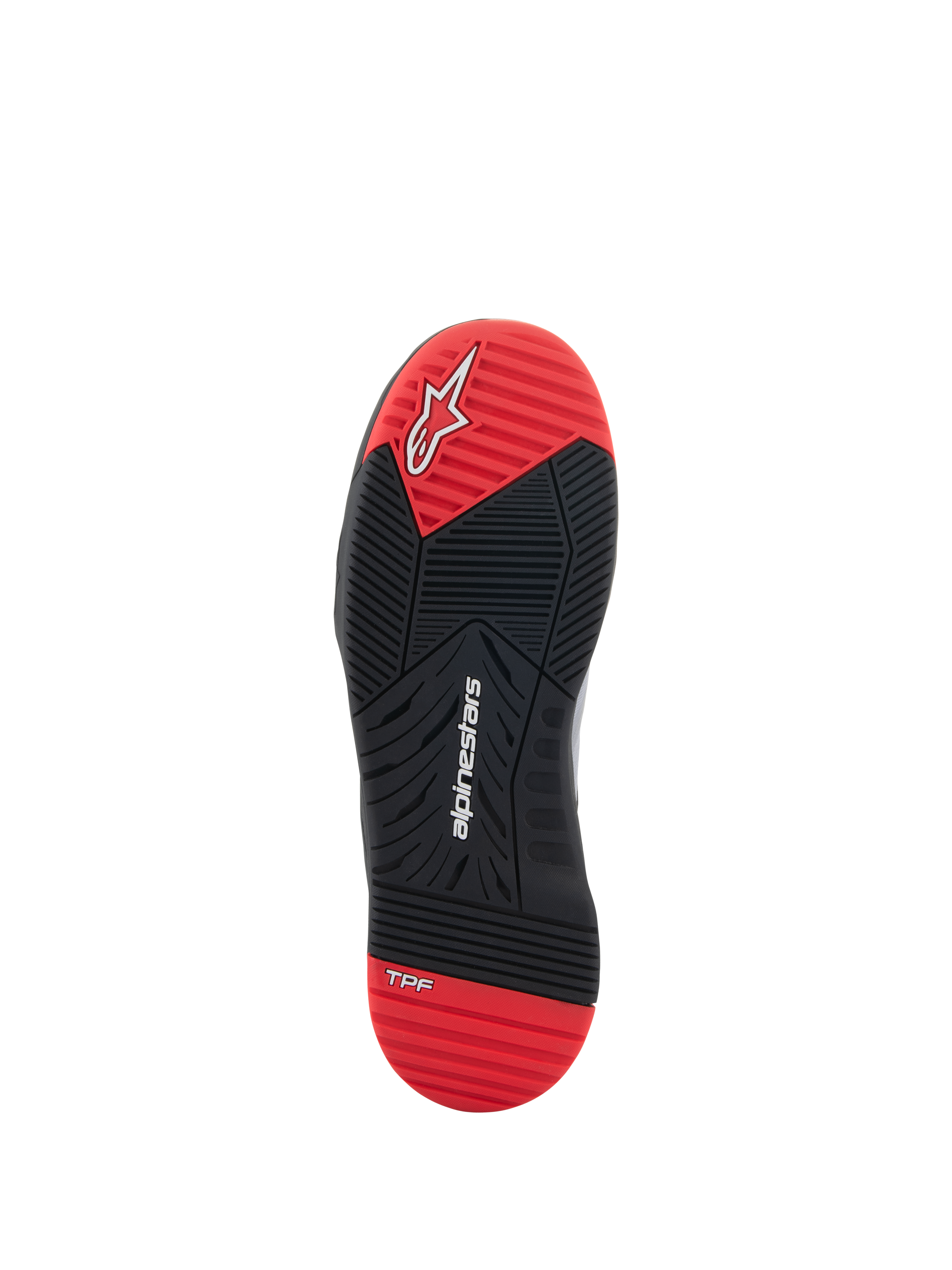 Alpinestars Speedflight schoenen, motorschoenen, zicht op de onderkant van de zool, zwart en felrood, voorzien van wit Alpinestars-logo en TPF-branding, dual-density rubberen buitenzool met multidirectioneel grippatroon