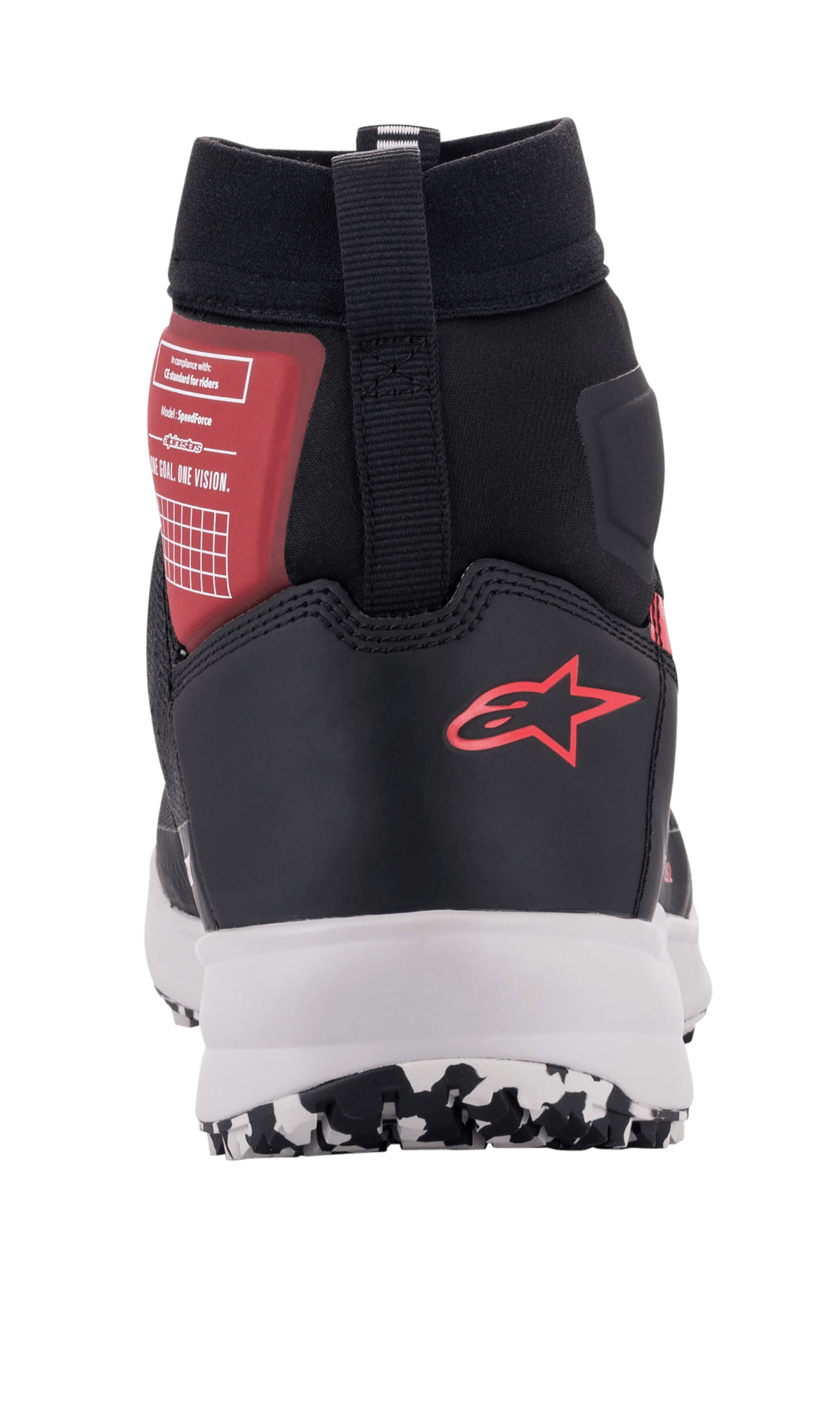 Alpinestars Speedforce Shoes, urban motorcycle riding shoes in Black White and Red, rear view featuring the red Alpinestars logo on the heel, white midsole, and high-cut ankle support.