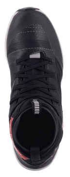 Alpinestars Speedforce Shoes, top-down view, black with red accents on the heel, high-cut motorcycle riding shoes featuring MATRYX textile upper, black laces, and running shoe silhouette