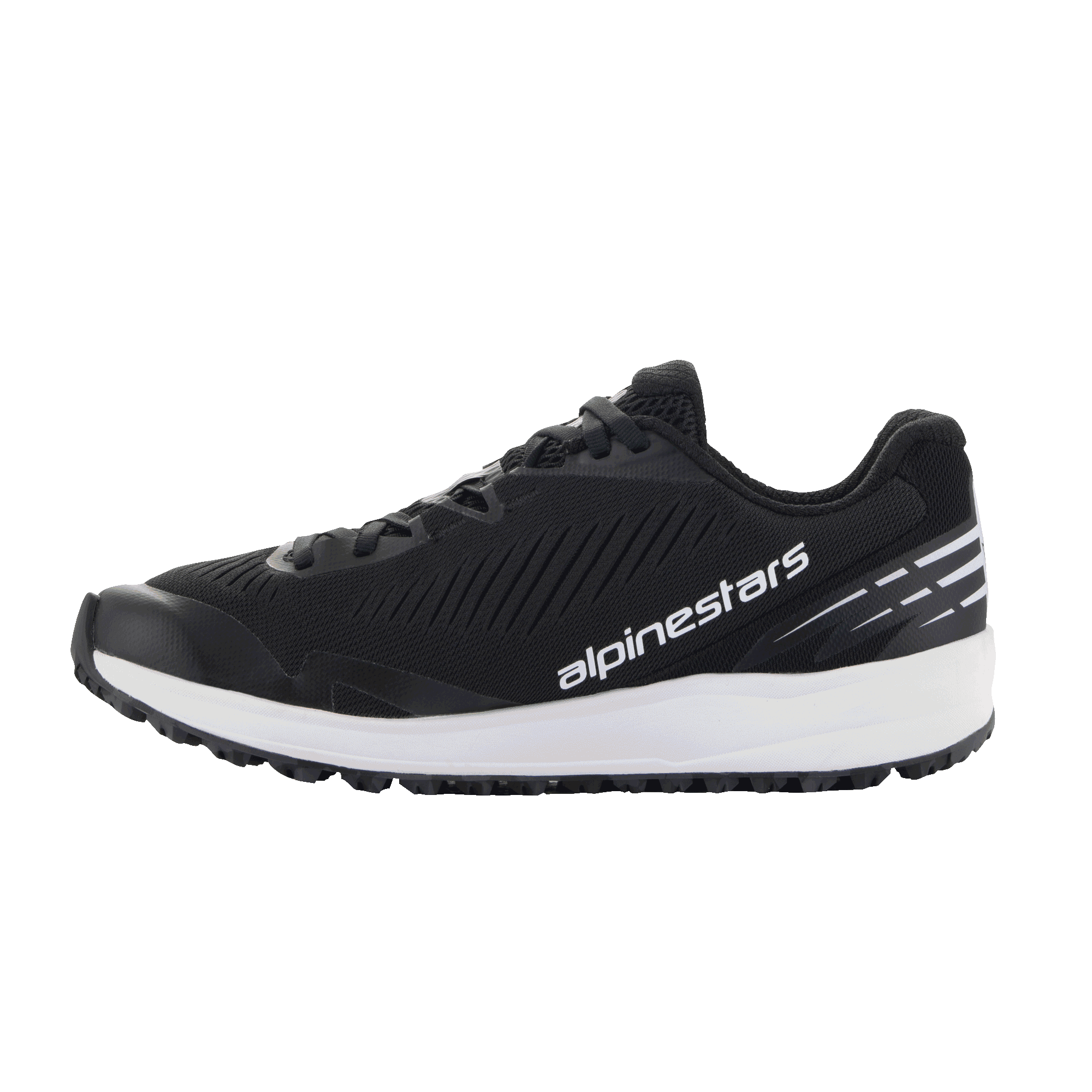 Alpinestars Meta Road V2 schoenen, sportswear schoenen, zwart en wit, ademend mesh bovenwerk met diagonale textuurribbels, dikke witte tussenzool, wit Alpinestars-logo op de zijkant, witte streepaccenten op de hiel, sportief ontwerp voor dagelijks gebruik en race-team werkkleding
