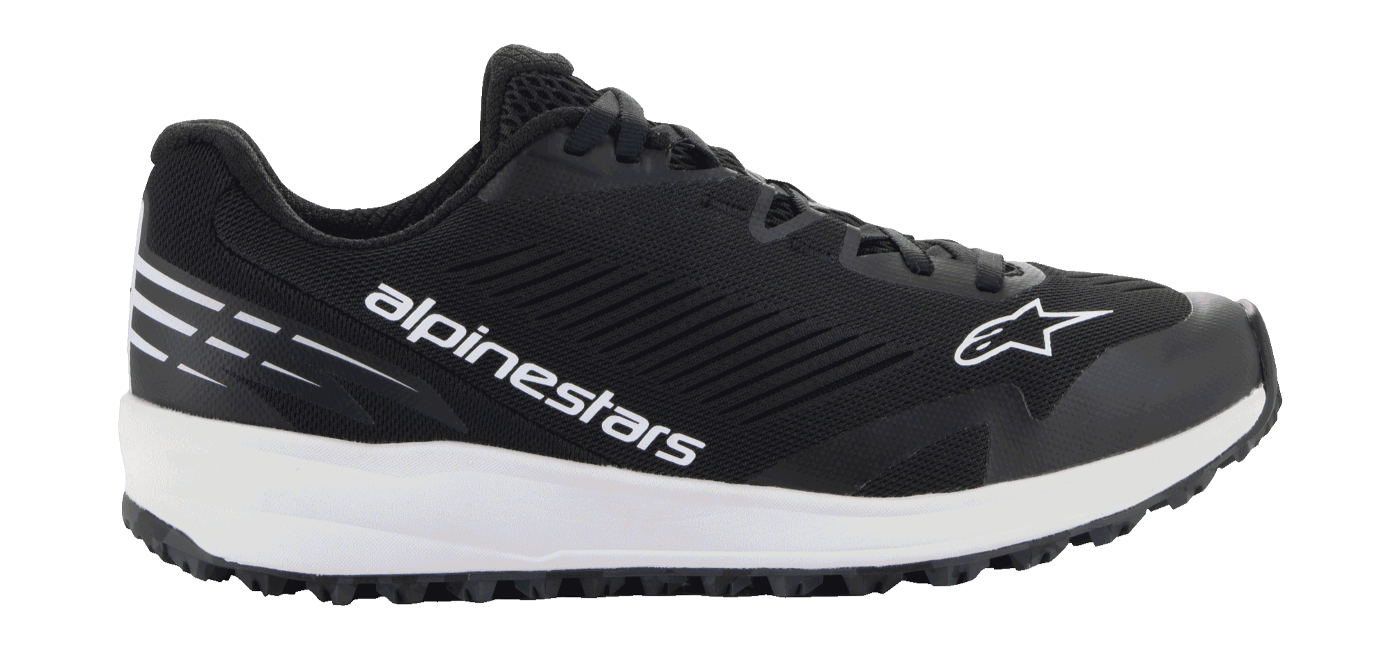 Alpinestars Meta Road V2 schoenen, sportswear schoenen, zwart en wit, zijaanzicht met zwart mesh bovenwerk, witte Alpinestars branding en sterlogo, witte gedempte tussenzool en zwarte zool met textuur