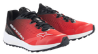Alpinestars Meta Road V2 schoenen, sportieve schoenen, rood, zwart en wit, laag model met ademend rood mesh bovenwerk, zwarte accenten en veters, witte Alpinestars-branding en witte dempende tussenzool