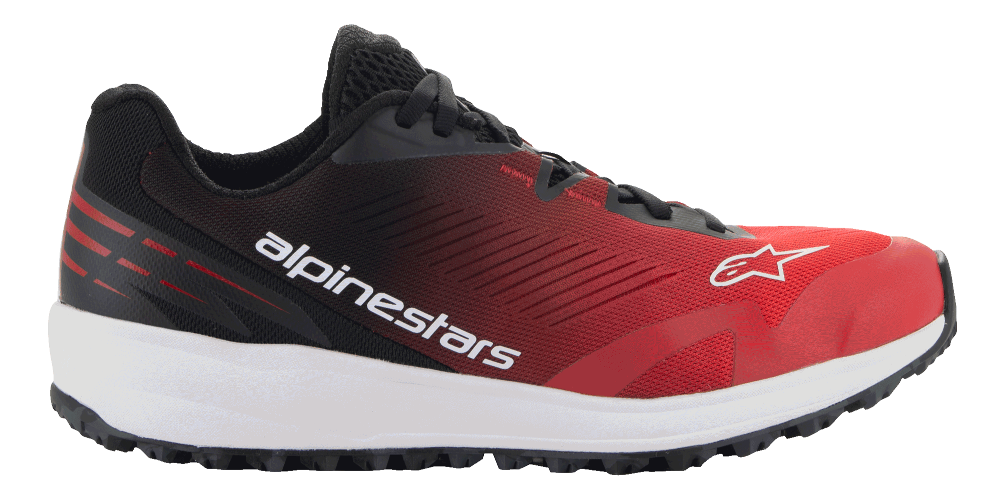 Alpinestars Meta Road V2 schoenen, sportschoenen, rood, zwart en wit, zijaanzicht met een ademend bovenwerk van mesh, witte tussenzool, zwarte buitenzool en opvallende Alpinestars-branding aan de zijkant