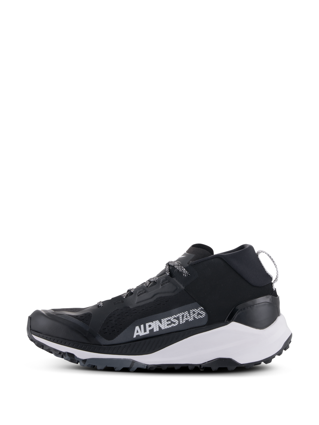 Alpinestars Meta XR V2 schoenen, sportswear schoenen, zwart, wit en donkergrijs, zijprofiel met mesh bovenwerk, witte tussenzool en robuuste buitenzool, opvallende witte Alpinestars-branding op het zijpaneel