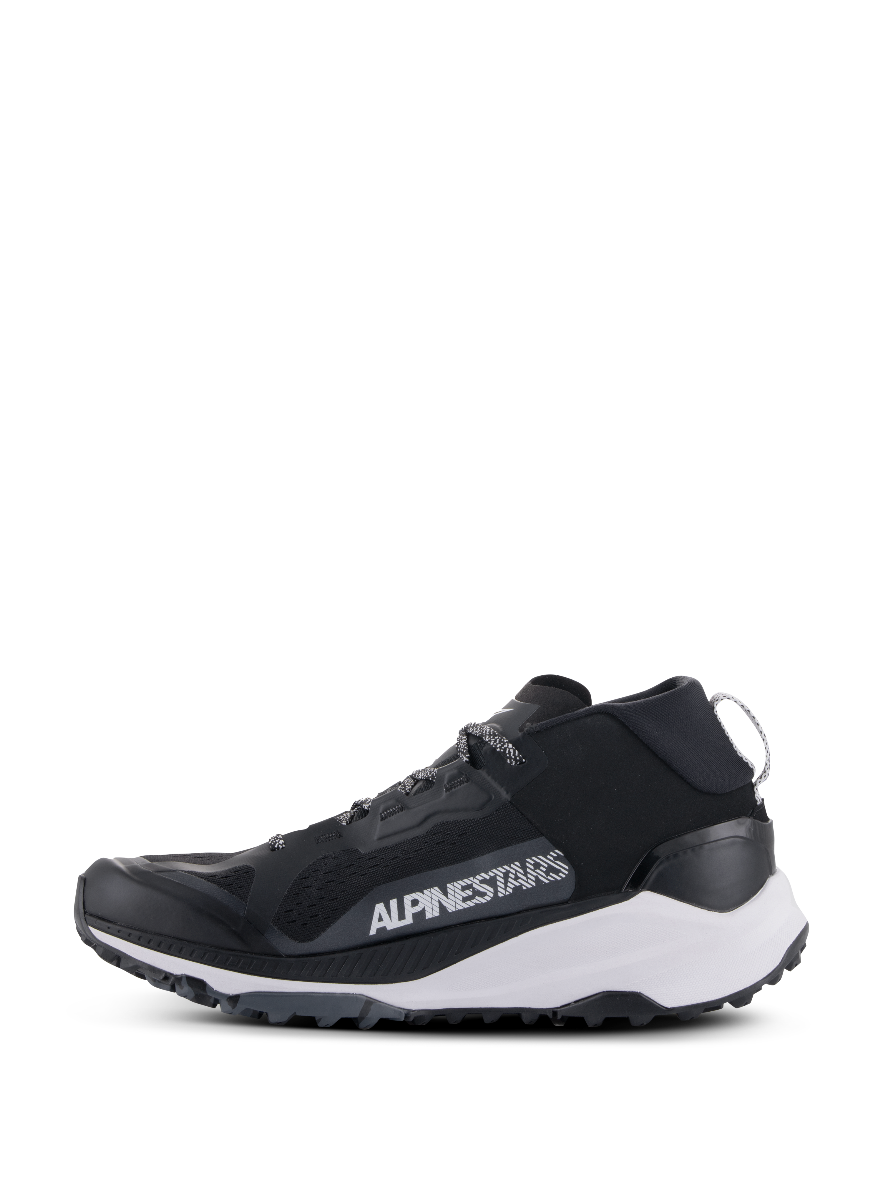 Alpinestars Meta XR V2 schoenen, sportswear schoenen, zwart, wit en donkergrijs, zijprofiel met mesh bovenwerk, witte tussenzool en robuuste buitenzool, opvallende witte Alpinestars-branding op het zijpaneel