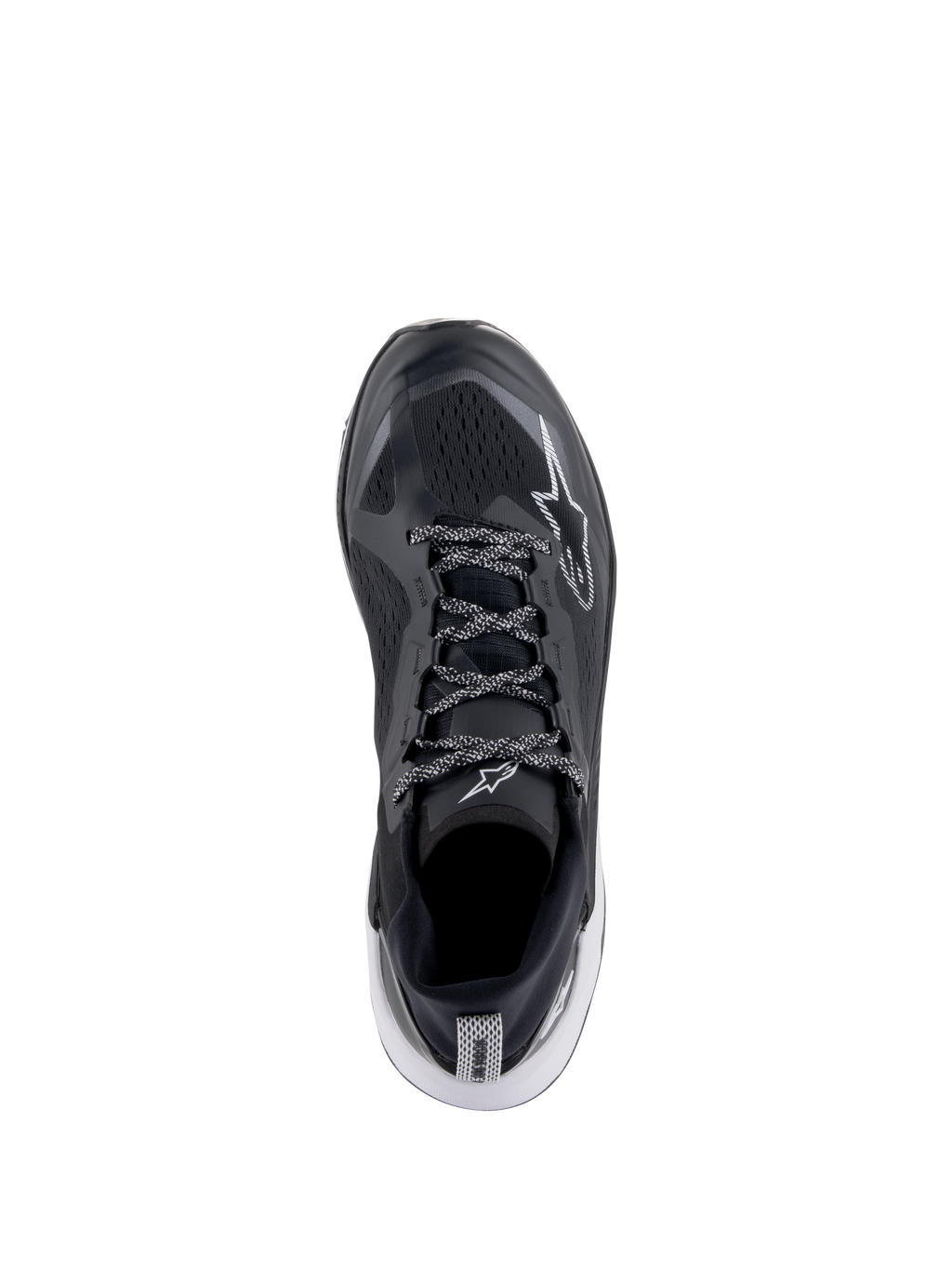 Alpinestars Meta XR V2 Schoenen, Sportswear schoenen, zwart, wit en donkergrijs, bovenaanzicht met ademend bovenwerk van mesh en veters met patroon, wit sterlogo, casual sportschoenen