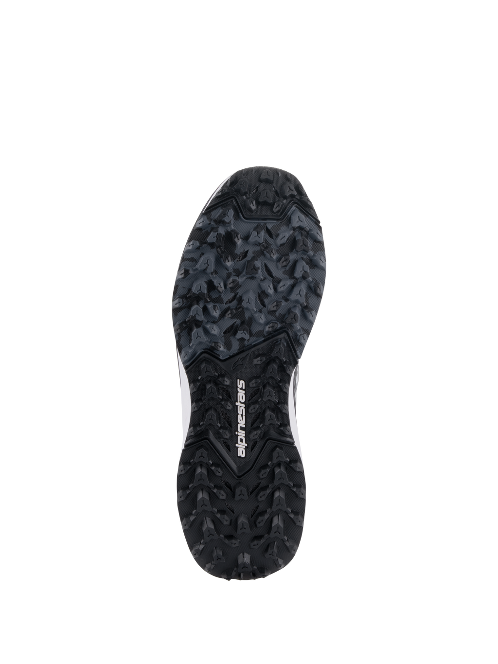 Alpinestars Meta XR V2 schoenen, robuuste rubberen zool, zwart- en donkergrijze buitenzool met noppenprofiel, witte Alpinestars-branding in het midden, ontworpen voor superieure grip op off-road en onverharde ondergronden