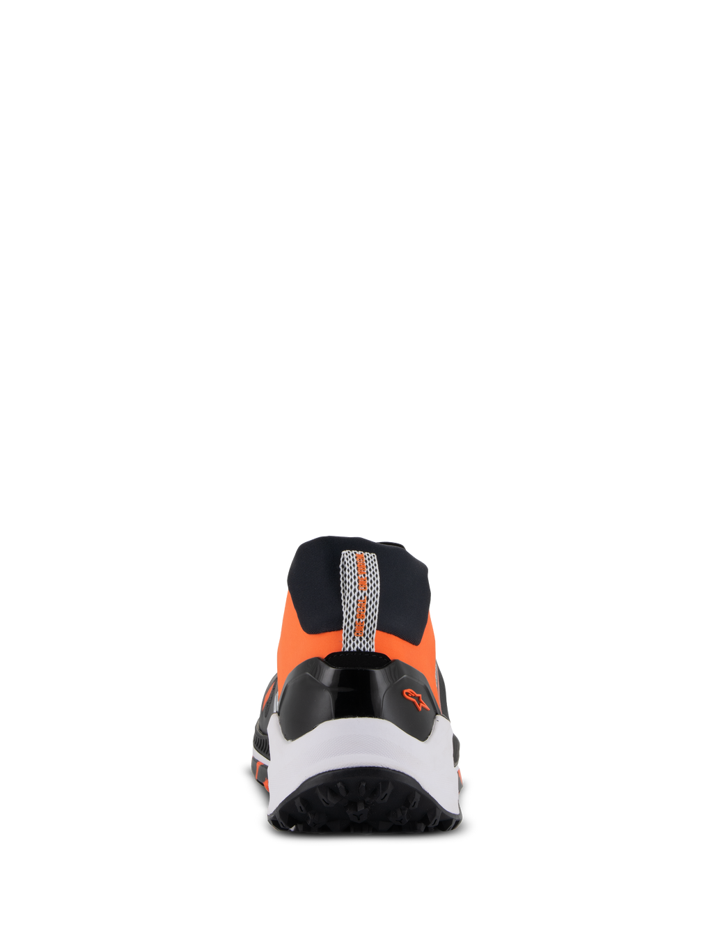 Alpinestars Meta XR V2 schoenen, sportieve casual schoenen, zwart, oranje en wit, achteraanzicht met een robuuste rubberen zool, witte tussenzool en oranje bovenwerk met hiellus en klein Alpinestars-logo