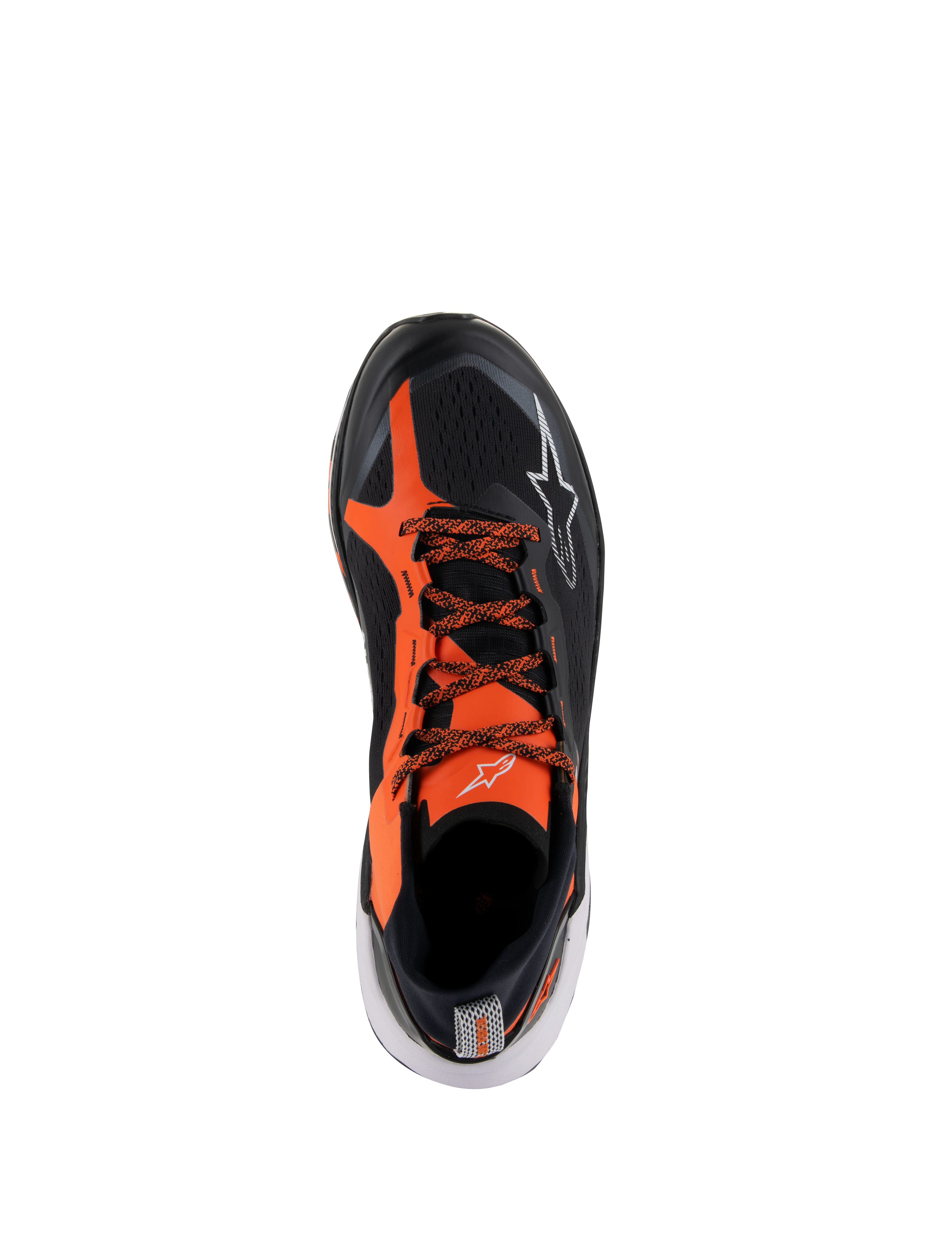 Alpinestars Meta XR V2 schoenen, sportieve casual schoenen, zwart, oranje en wit, bovenaanzicht met een bovenwerk van zwart technisch mesh en opvallende oranje overlays, veters met patroon en witte logodetails, ontworpen voor comfort de hele dag door en stabiliteit.