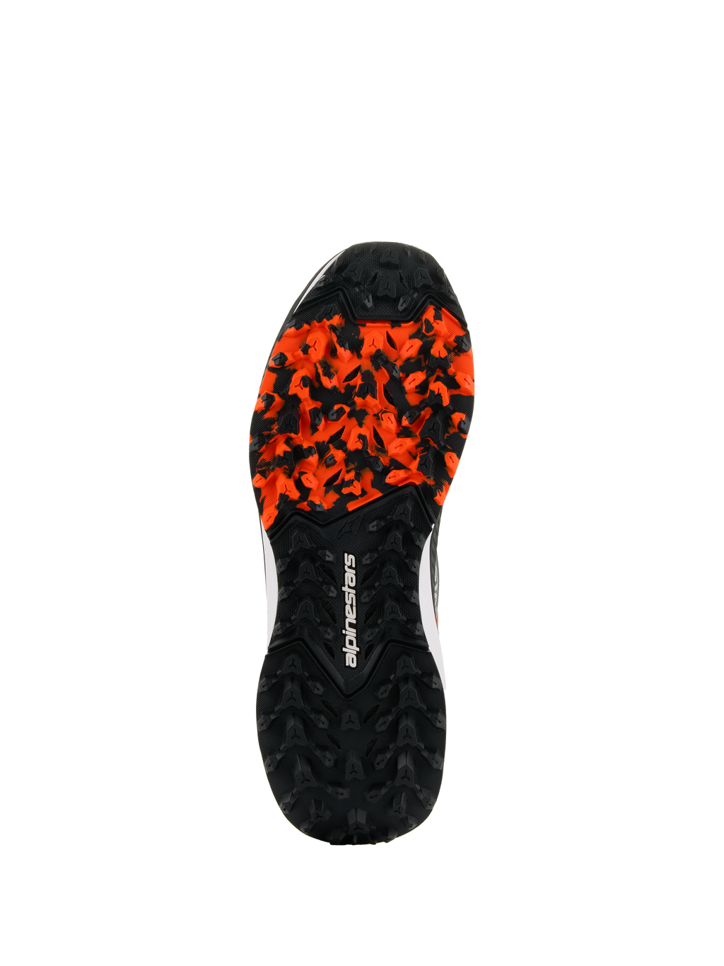 Alpinestars Meta XR V2-schoenen, robuuste rubberen buitenzool, zwart en oranje, met noppenpatroon voor hoge tractie op vuile ondergronden, wit Alpinestars-logo, oliebestendig en anatomisch geoptimaliseerd voor off-road grip