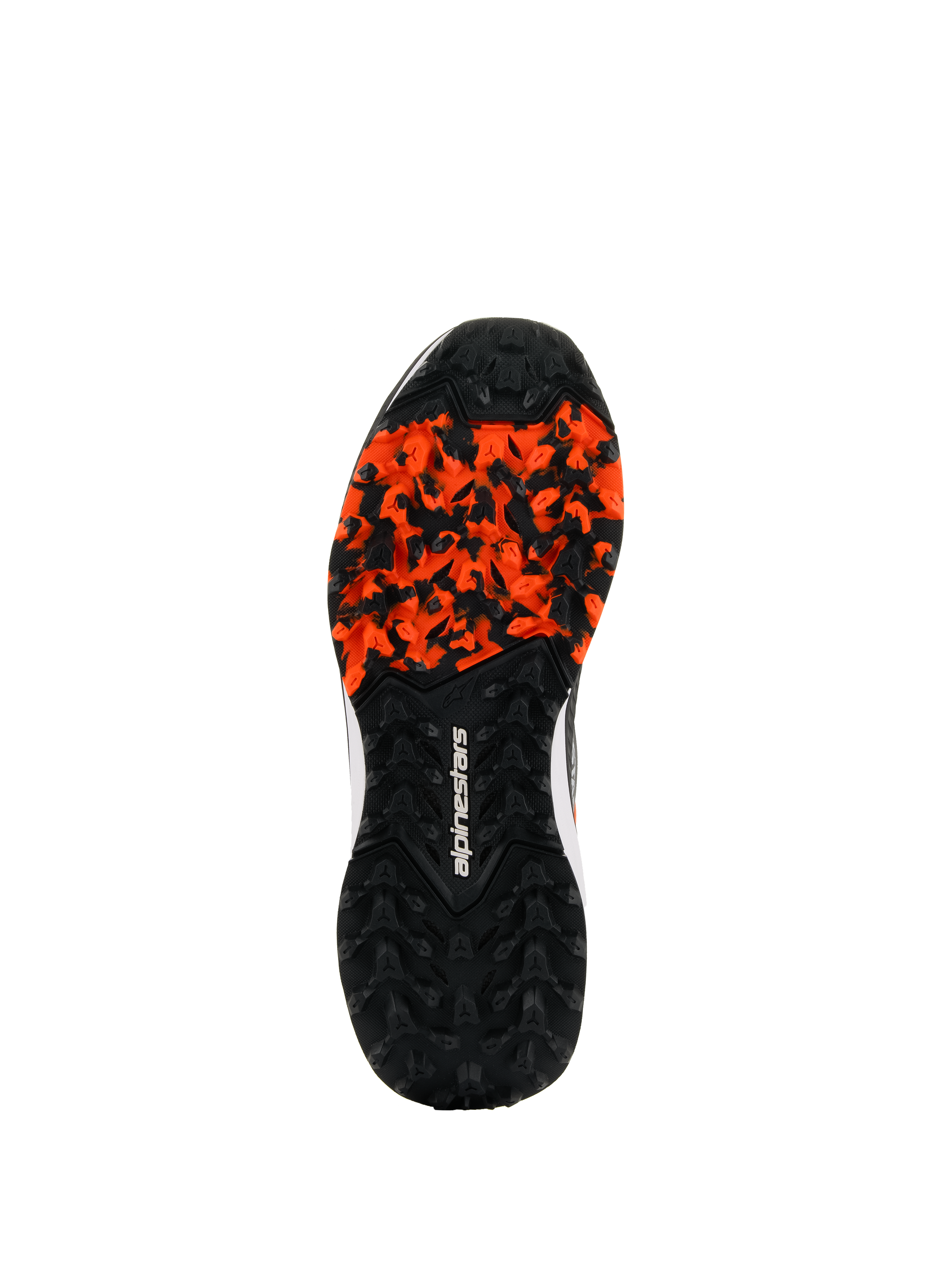 Alpinestars Meta XR V2-schoenen, robuuste rubberen buitenzool, zwart en oranje, met noppenpatroon voor hoge tractie op vuile ondergronden, wit Alpinestars-logo, oliebestendig en anatomisch geoptimaliseerd voor off-road grip