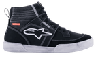 Alpinestars Ageless Riding Shoes, Urban Motorcycle Shoes, Black and White, high-top sneaker silhouette with suede and canvas panels, white contrast stitching, white A-star logo on the side, and a white rubber sole