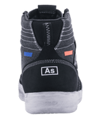 Alpinestars Ageless Riding Shoes, Motorcycle Riding Shoes, Black and Cool Gray, rear view featuring dark grey canvas with white stitching, black suede heel with white branding, blue and orange accents, casual urban design with a white sole