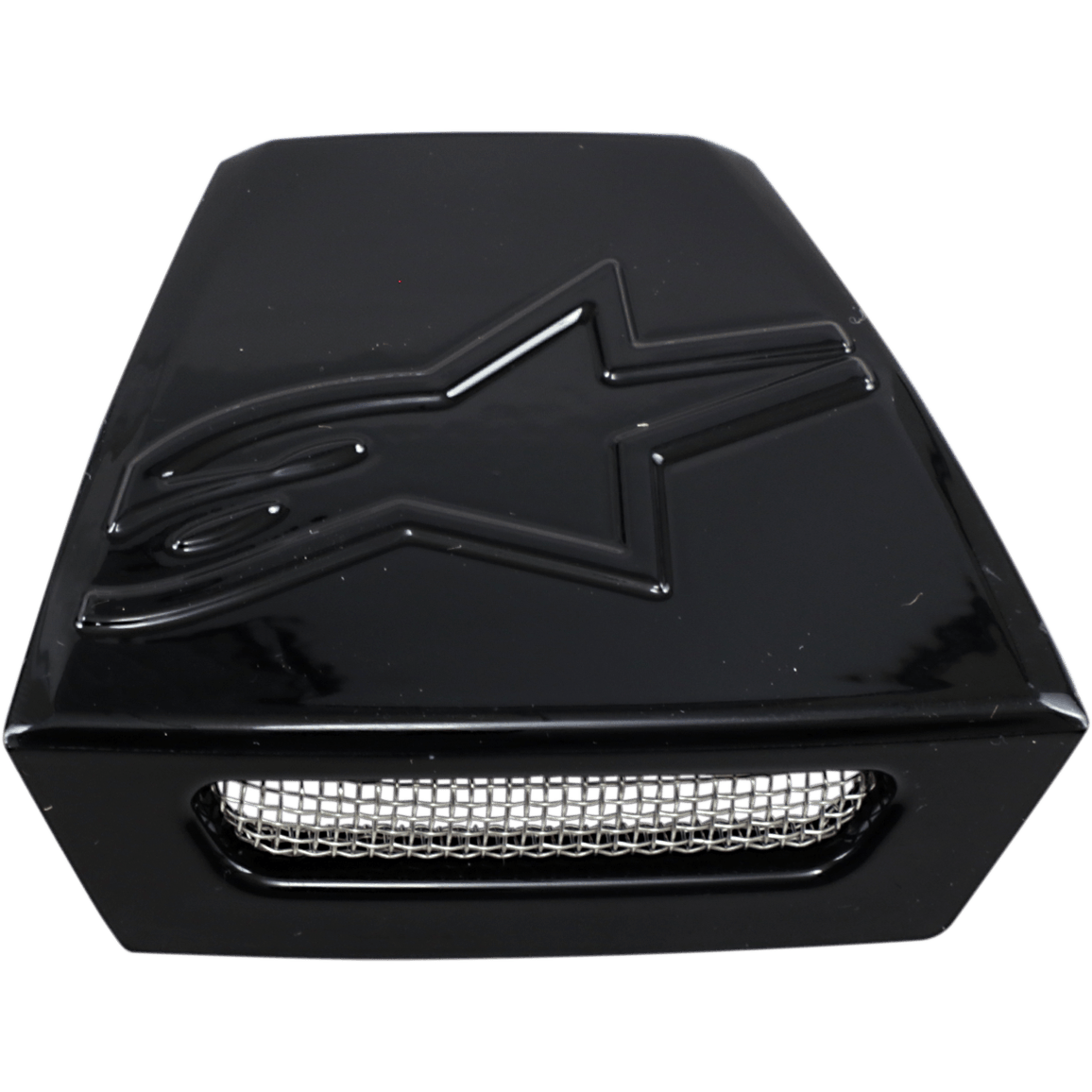 Alpinestars Supertech M10/M8 helm achterventilatieframe, helmaccessoire, glanzend zwart, reliëf sterlogo op de bovenzijde, zilveren gaasrooster, trapeziumvormig ventilatie-onderdeel voor off-road helmen