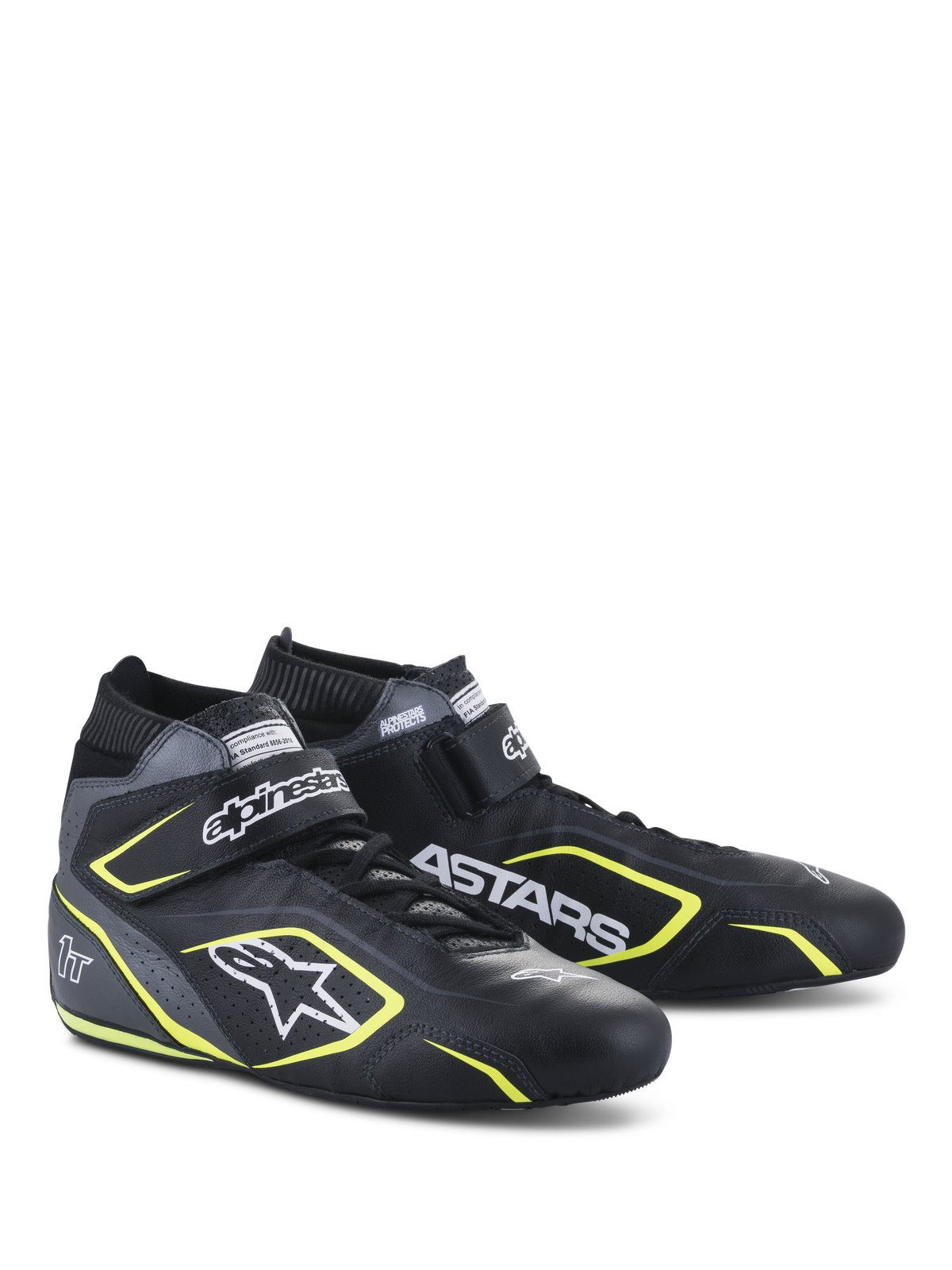 Alpinestars Tech-1 T V3 FIA schoenen, autosportschoenen, zwart, cool gray en fluogeel, volledig lederen constructie met klittenbandsluiting, fluogele accenten, opvallende witte merkdetails inclusief Alpinestars- en ASTARS-logo's, professioneel motorsportontwerp