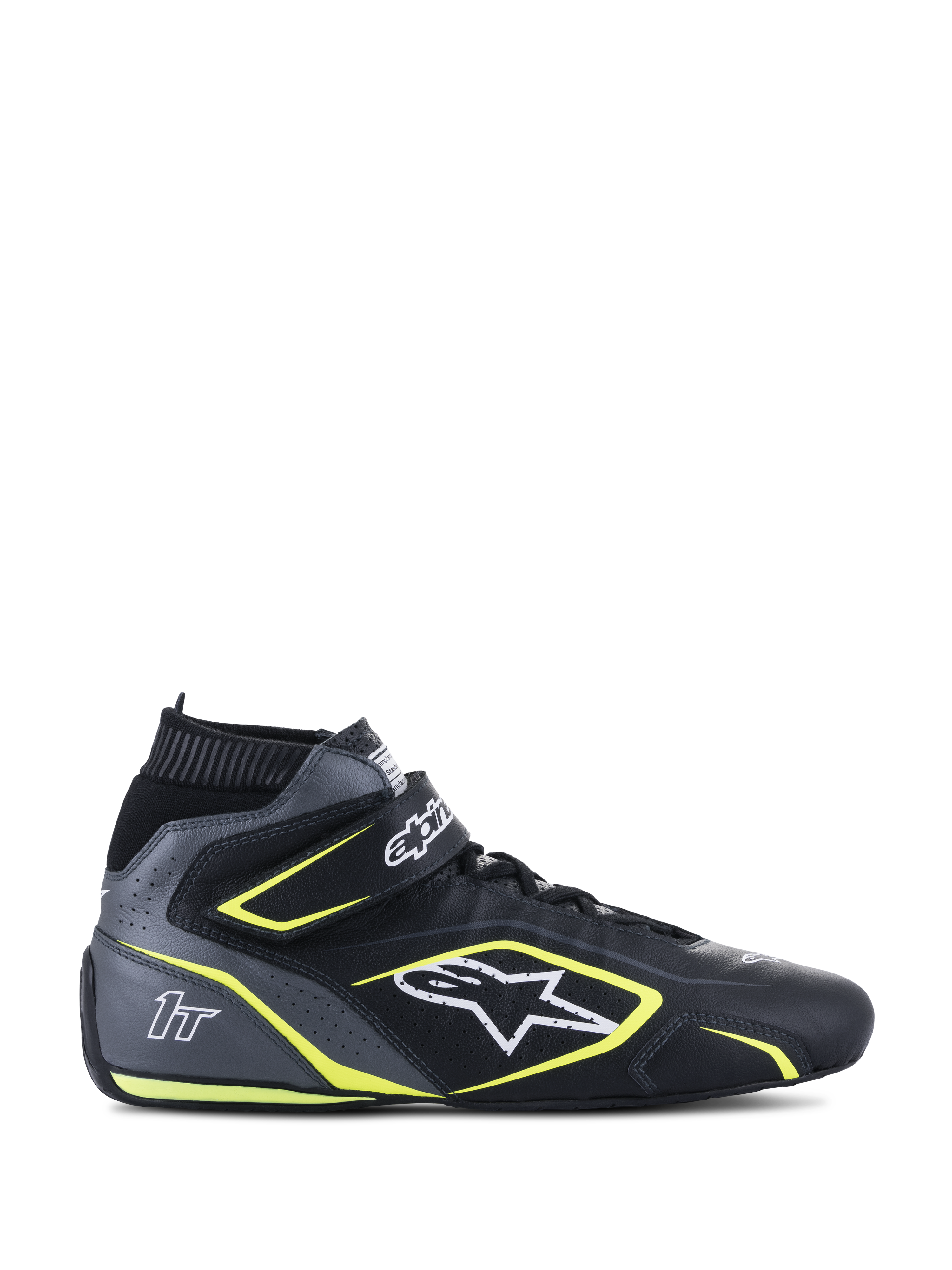 Alpinestars Tech-1 T V3 FIA raceschoenen, zwart en Cool Gray met felgele accenten, hoge motorsportschoenen van geperforeerd rundleer, klittenband enkelband en vetersluiting, wit logo en 1T-branding, FIA 8856-2018 gecertificeerd voor autoracen