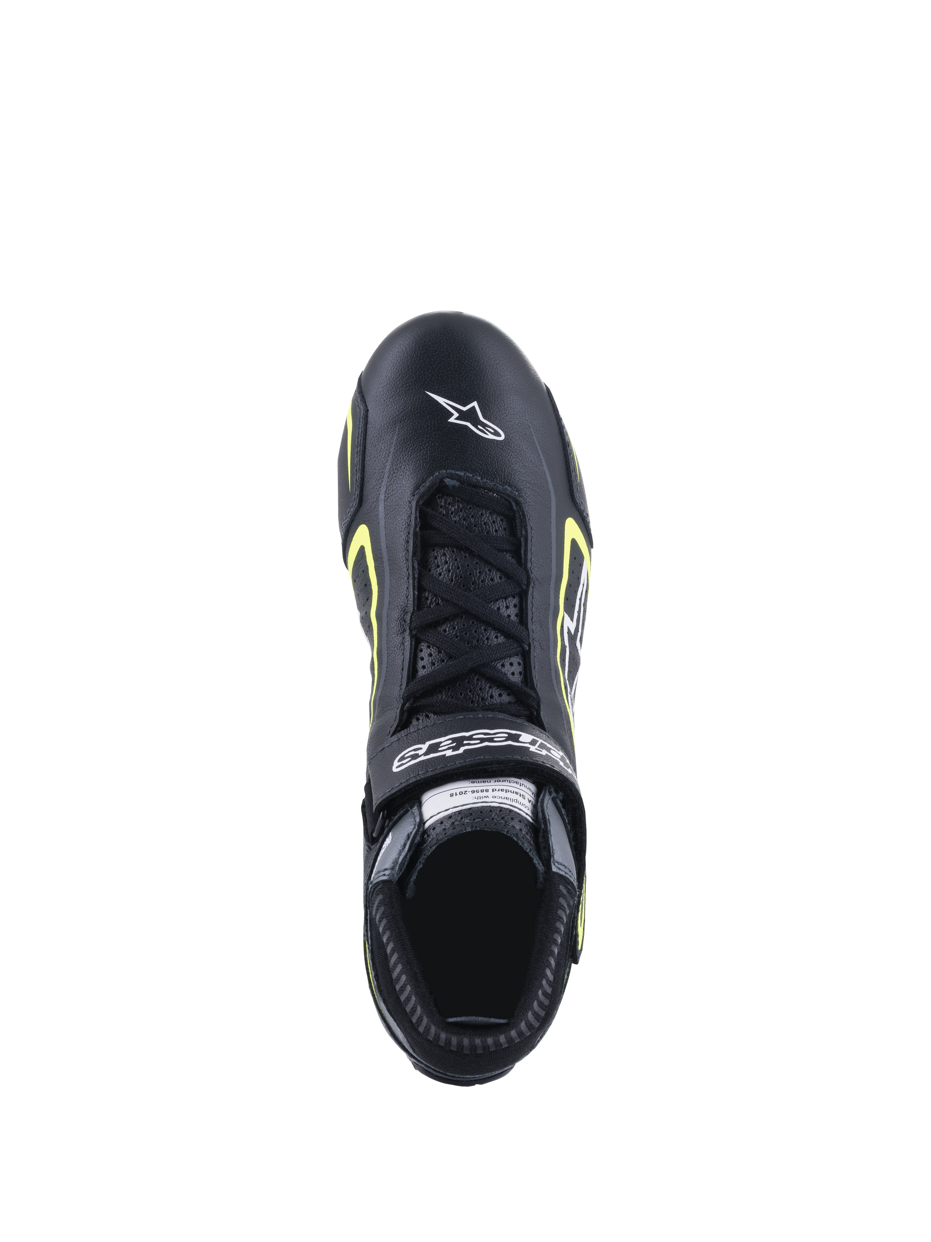 Alpinestars Tech-1 T V3 Shoes FIA, Auto Racing Shoes, Black and Yellow Fluo, top-down view showing leather construction, lace closure, and white Alpinestars branding on the toe.