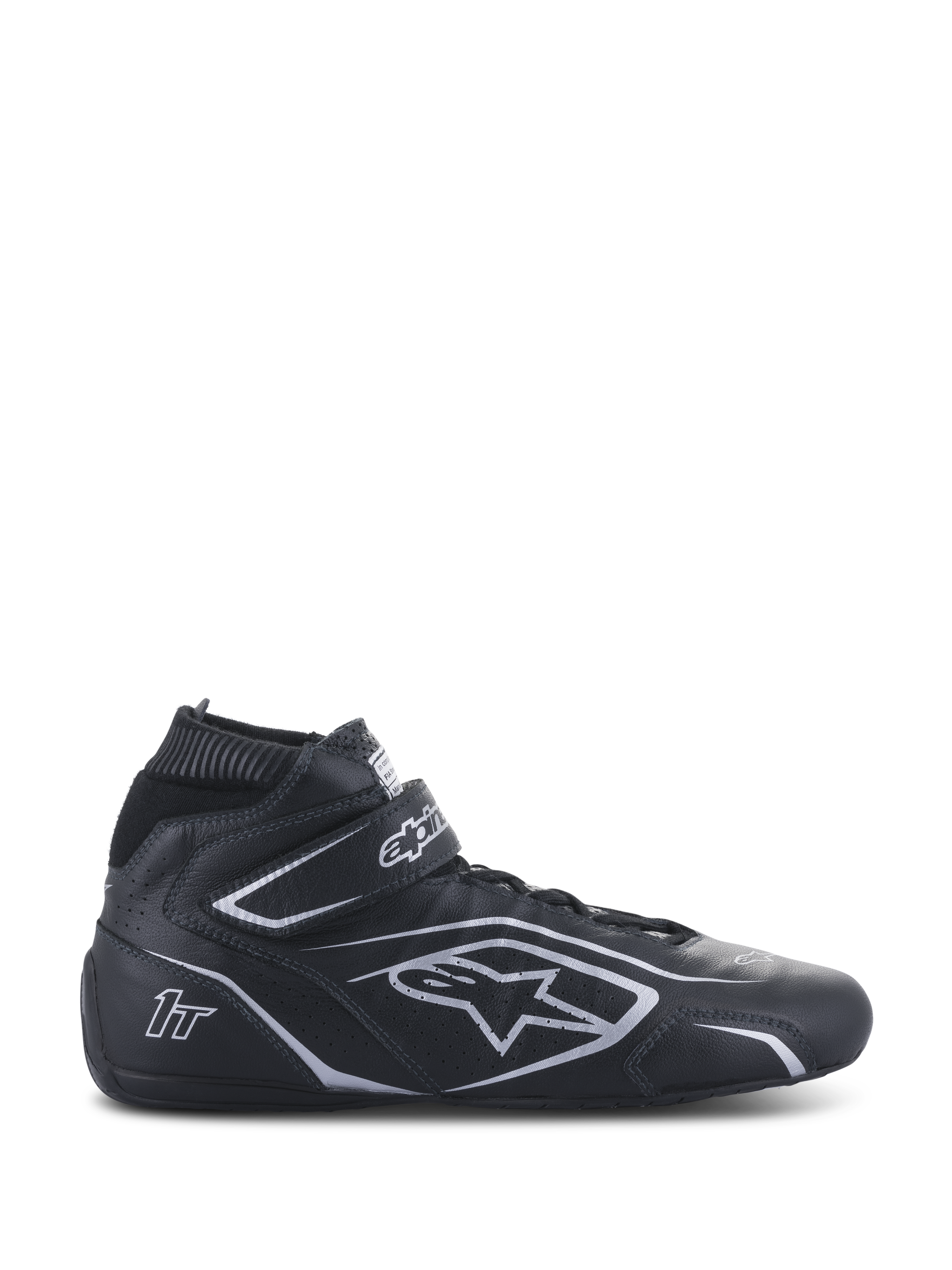 Alpinestars Tech-1 T V3 schoenen FIA, zwart en zilveren racingschoenen, hoogsluitend leren motorsportschoeisel met klittenbandsluiting bij de enkel, geperforeerde zijpanelen en zilveren merkdetails, FIA-gecertificeerd voor professionele autosport