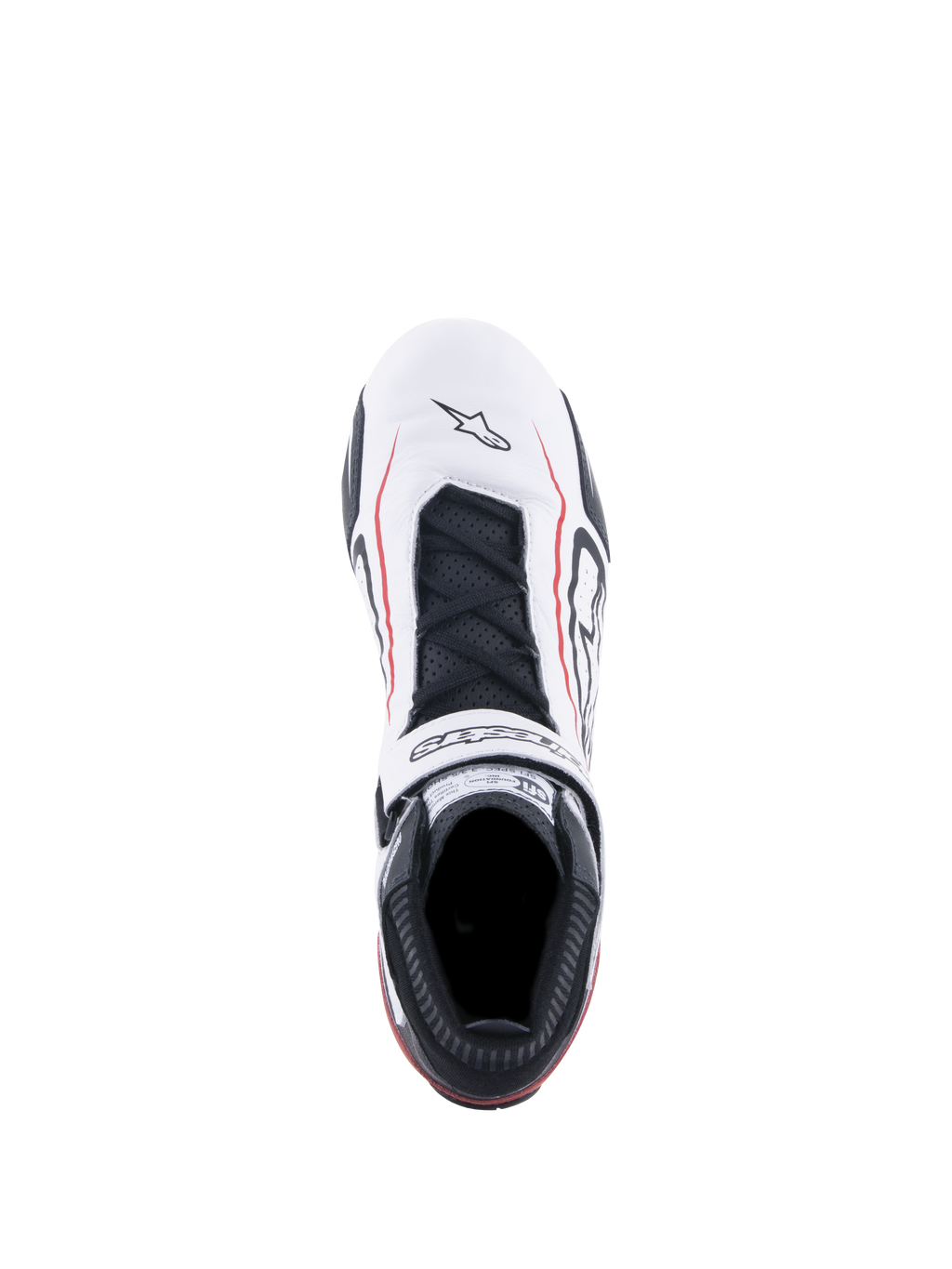 Alpinestars Tech-1 T V3 Shoes FIA, Auto Racing Shoes, White Black and Red, top-down view featuring white leather upper with red accent lines, black laces, branded hook and loop strap, and SFI certification label on the tongue
