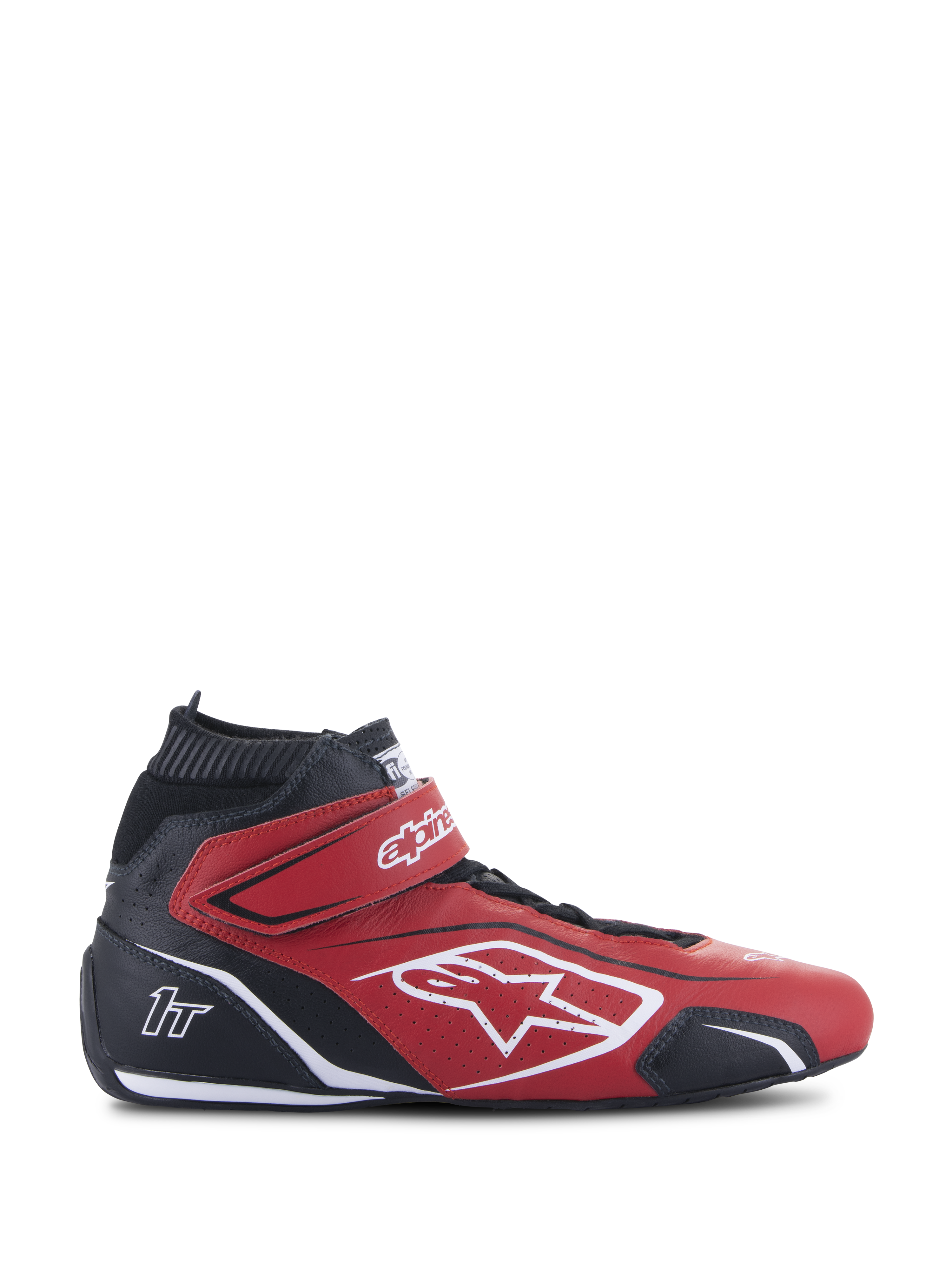Alpinestars Tech-1 T V3 FIA-schoenen, rode en zwarte professionele raceschoenen, zijprofiel, hoog model, wit Alpinestars-logo en 1T-branding, klittenband enkelband, geperforeerd rundleer voor ademend vermogen, dunne zwarte prestatiezool, FIA-gecertificeerd motorsport schoeisel