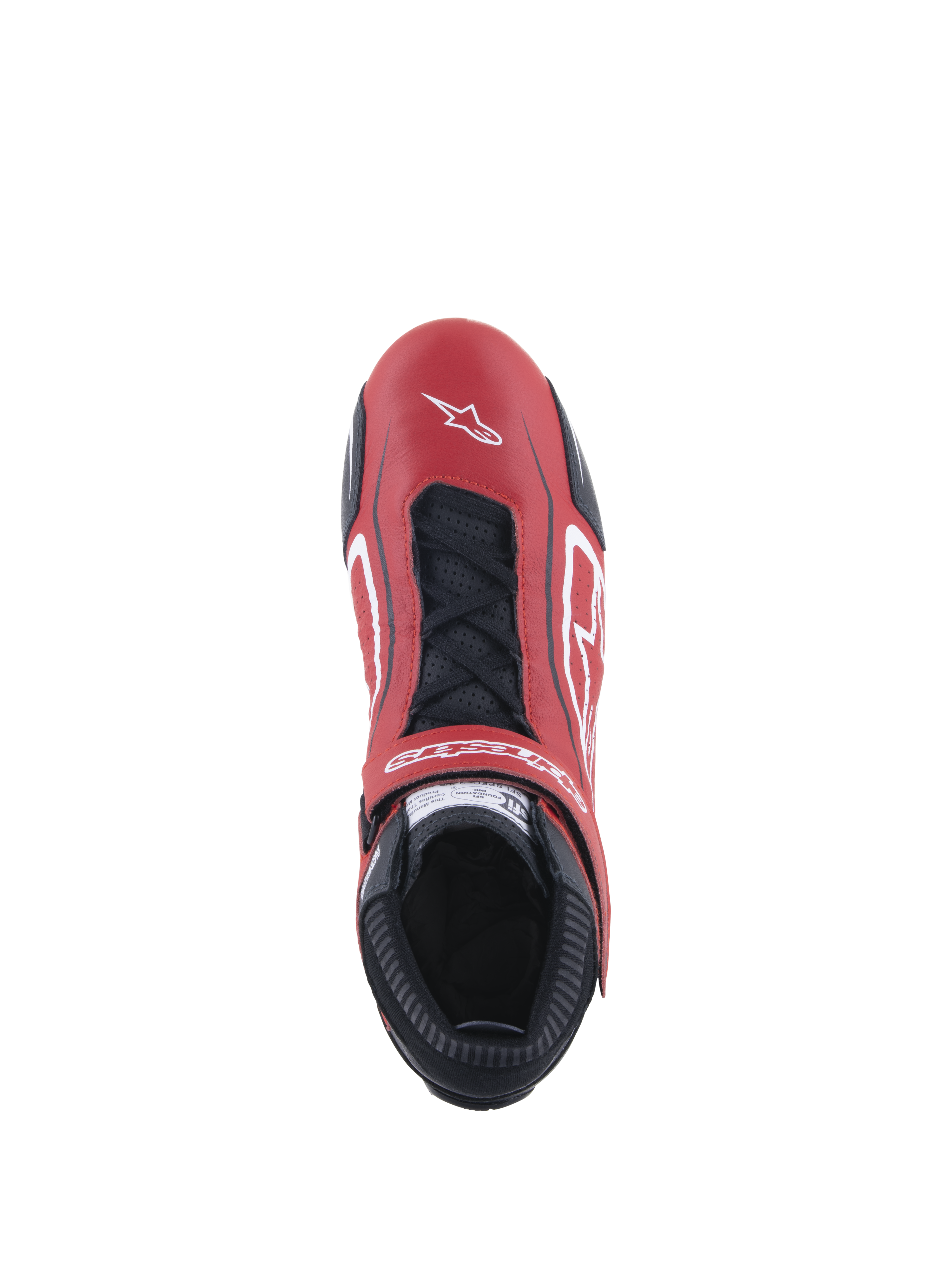 Alpinestars Tech-1 T V3 Shoes FIA, Auto Racing Shoe, Red Black and White, top-down view showing red bovine leather upper with black laces and adjustable strap, featuring white logos and a slim profile for competitive driving.