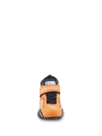Alpinestars Tech-1 T V3 Shoes FIA, Auto Racing Shoes, Orange Fluo Black and White, front view showing hook-and-loop strap with Alpinestars branding, black laces, and SFI certification label on the tongue