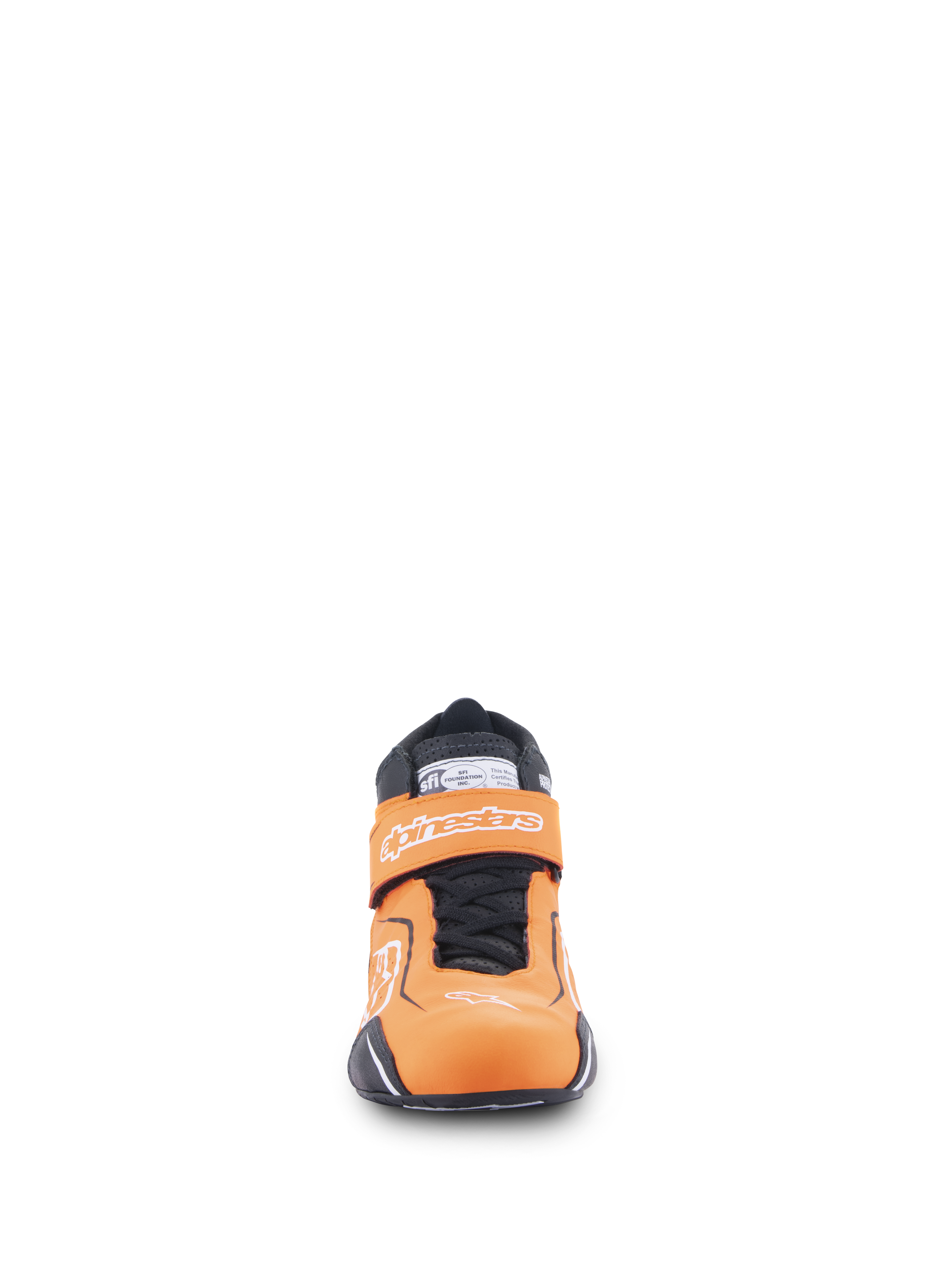Alpinestars Tech-1 T V3 Shoes FIA, Auto Racing Shoes, Orange Fluo Black and White, front view showing hook-and-loop strap with Alpinestars branding, black laces, and SFI certification label on the tongue