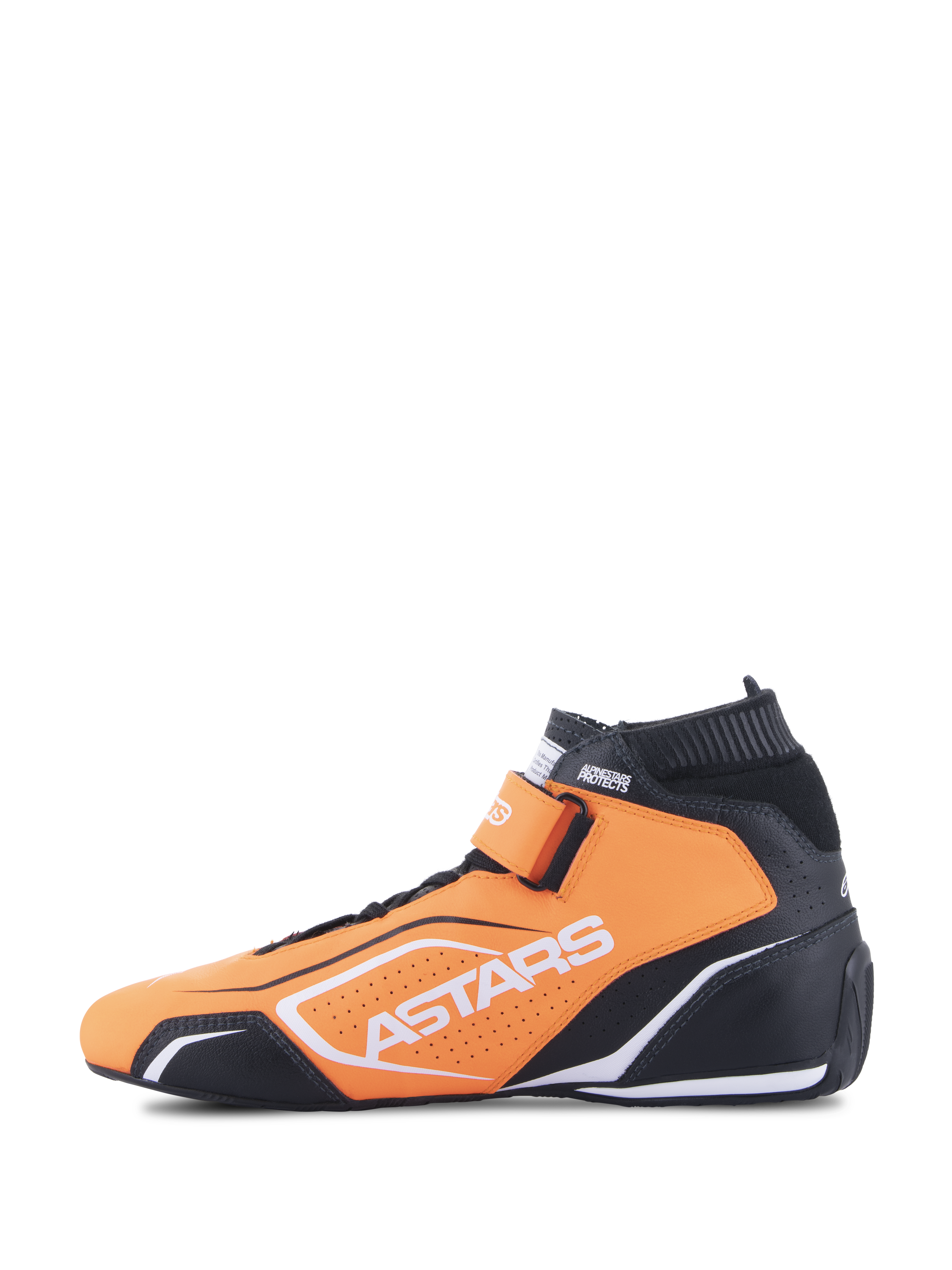 Alpinestars Tech-1 T V3 Shoes FIA, Auto Racing Shoes, Orange Fluo Black and White, side profile view, featuring bovine leather construction, hook and loop ankle strap, and white Astars branding.