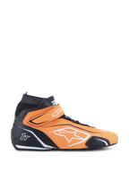 Alpinestars Tech-1 T V3 FIA Racing Shoes, Orange Fluo and Black, High-Top Motorsport Footwear with white accents and Velcro ankle strap, Perforated leather for breathability, side view of professional auto racing gear