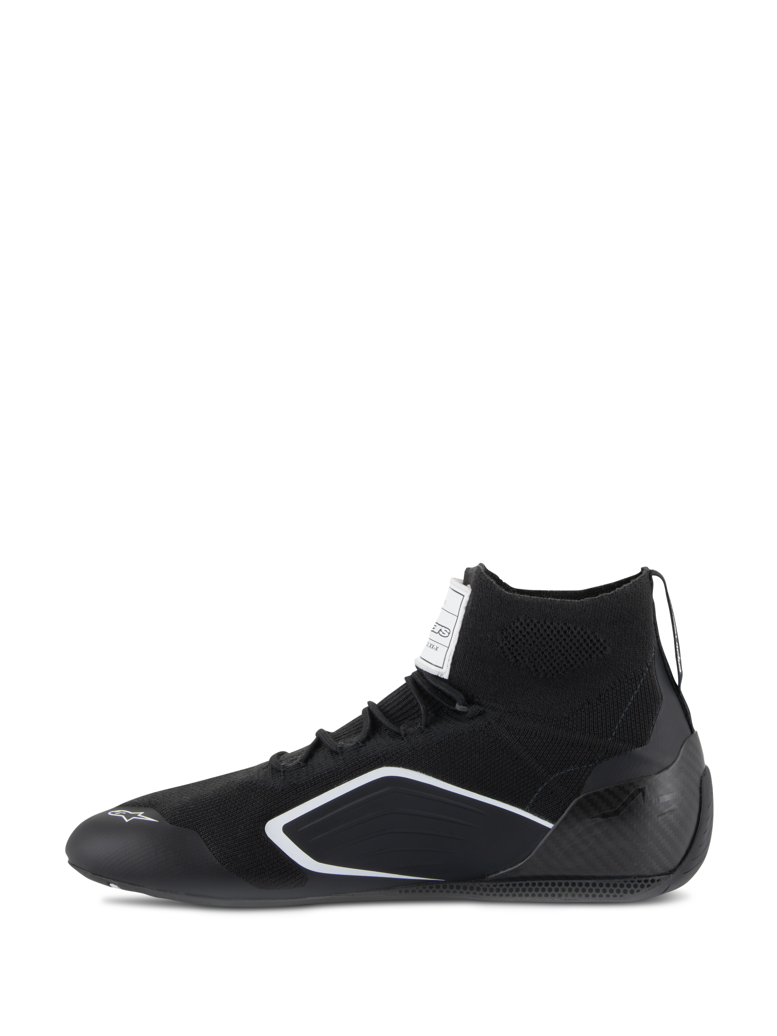 Alpinestars Supertech schoenen, autosport schoenen, zwart, zijaanzicht met een gebreid bovenwerk, carbon hielkap en witte geometrische accenten, professioneel motorsport schoeisel