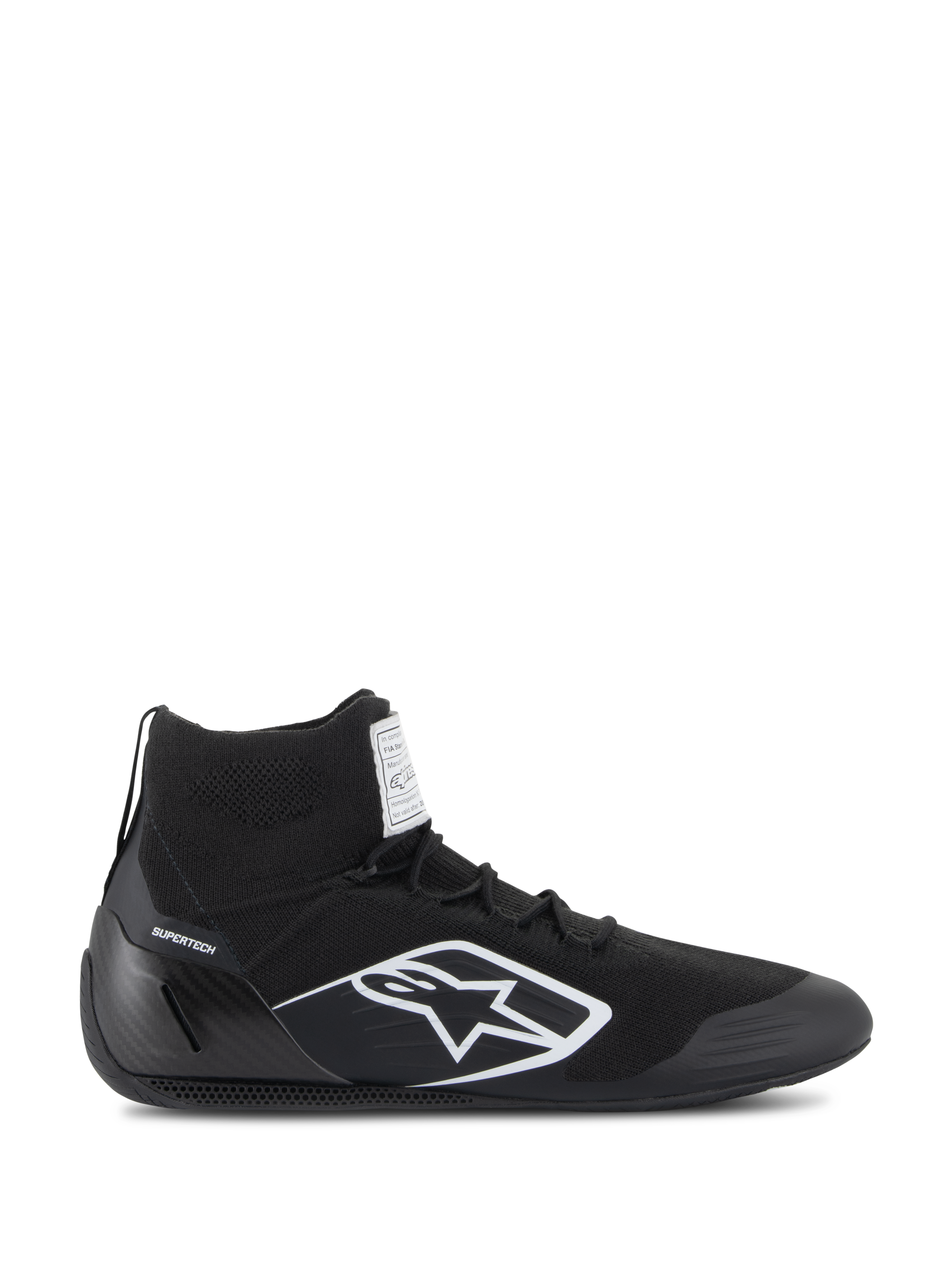 Alpinestars Supertech schoenen, FIA/SFI-gecertificeerde autosportschoenen, zwart met wit Alpinestars sterlogo, hoog model met gebreid bovenwerk en carbonfiber hielkap, professioneel motorsportschoeisel