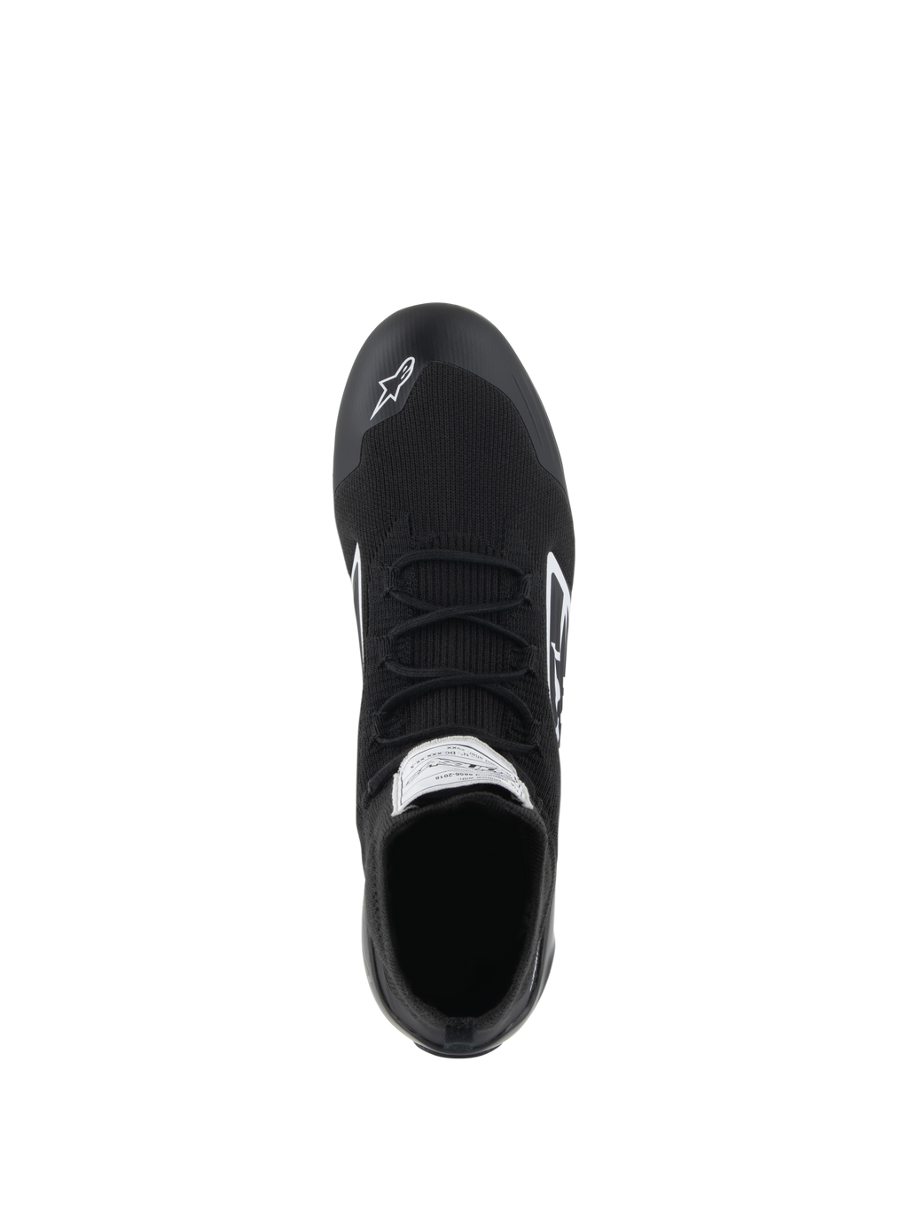 Alpinestars Supertech schoenen - FIA/SFI, autoraceschoenen, zwart, bovenaanzicht van het volledig gebreide aramide bovenwerk, platte veters en wit Alpinestars-logo op de neus, professionele motorsport schoenen