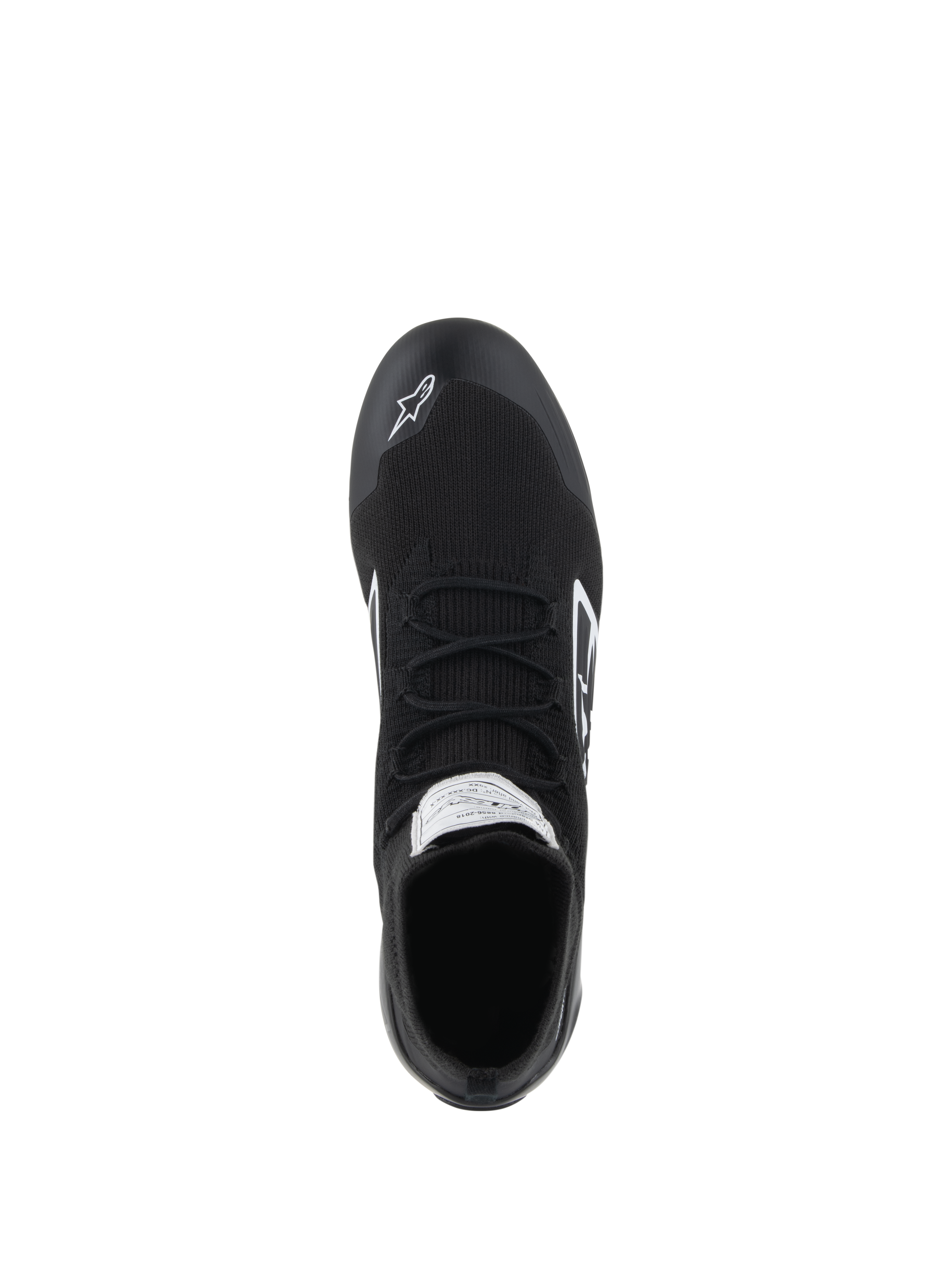 Alpinestars Supertech schoenen - FIA/SFI, autoraceschoenen, zwart, bovenaanzicht van het volledig gebreide aramide bovenwerk, platte veters en wit Alpinestars-logo op de neus, professionele motorsport schoenen