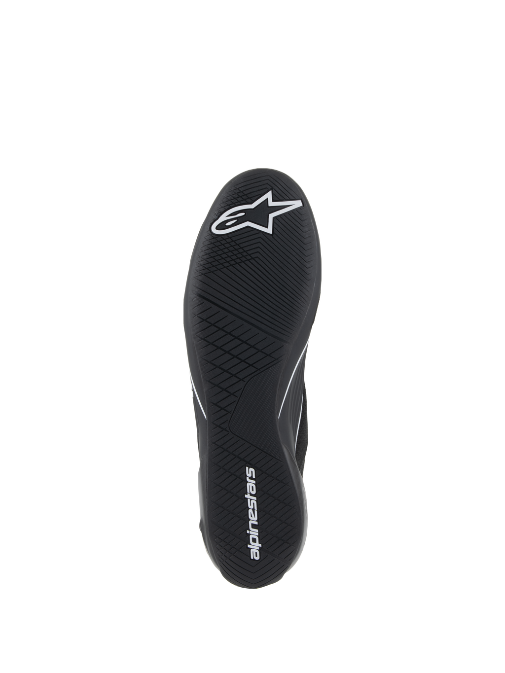 Alpinestars Supertech schoenen, autoraceschoenen, zwart, onderaanzicht van de ultradunne rubberen buitenzool met wit ster-logo en alpinestars-woordmerk, met een asymmetrisch loopvlak voor pedaalgevoeligheid en grip