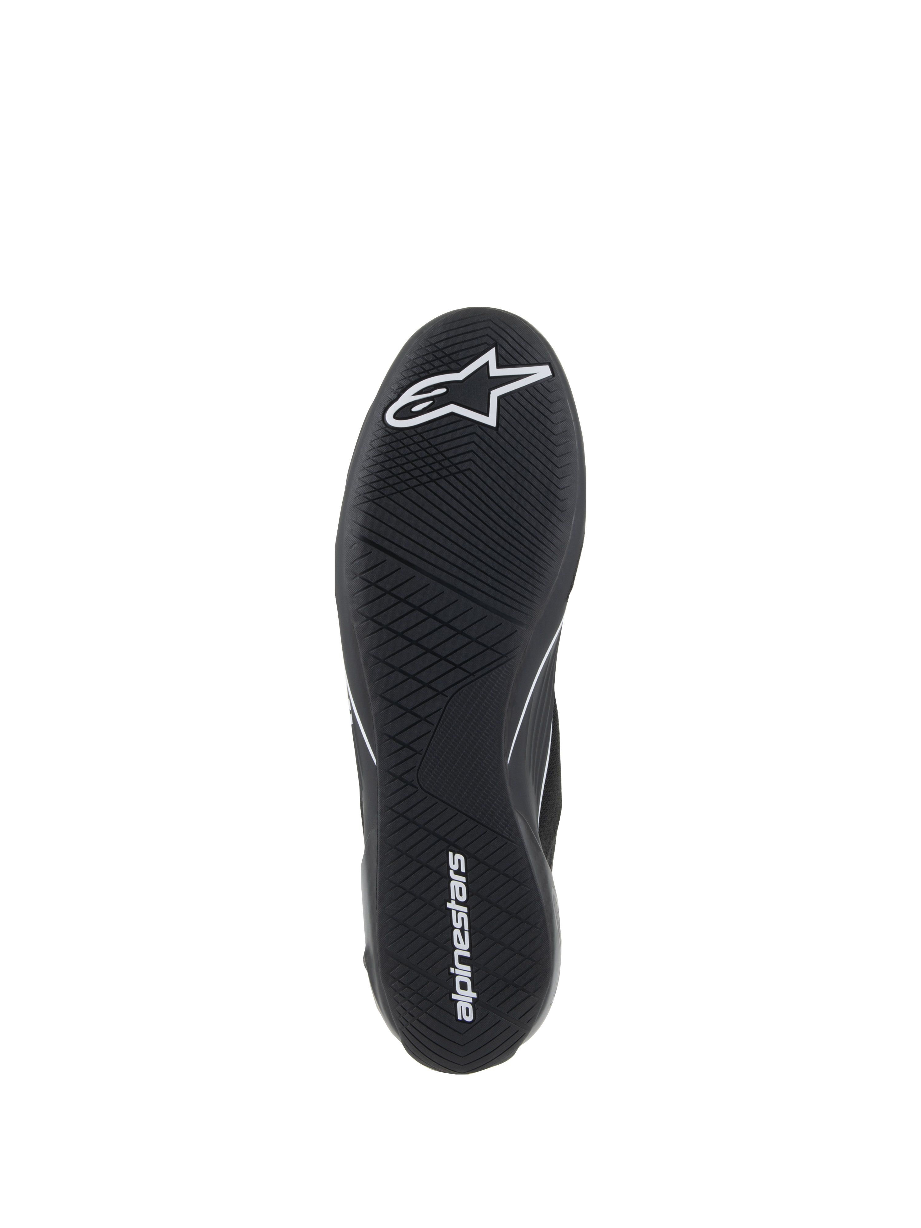 Alpinestars Supertech schoenen, autoraceschoenen, zwart, onderaanzicht van de ultradunne rubberen buitenzool met wit ster-logo en alpinestars-woordmerk, met een asymmetrisch loopvlak voor pedaalgevoeligheid en grip