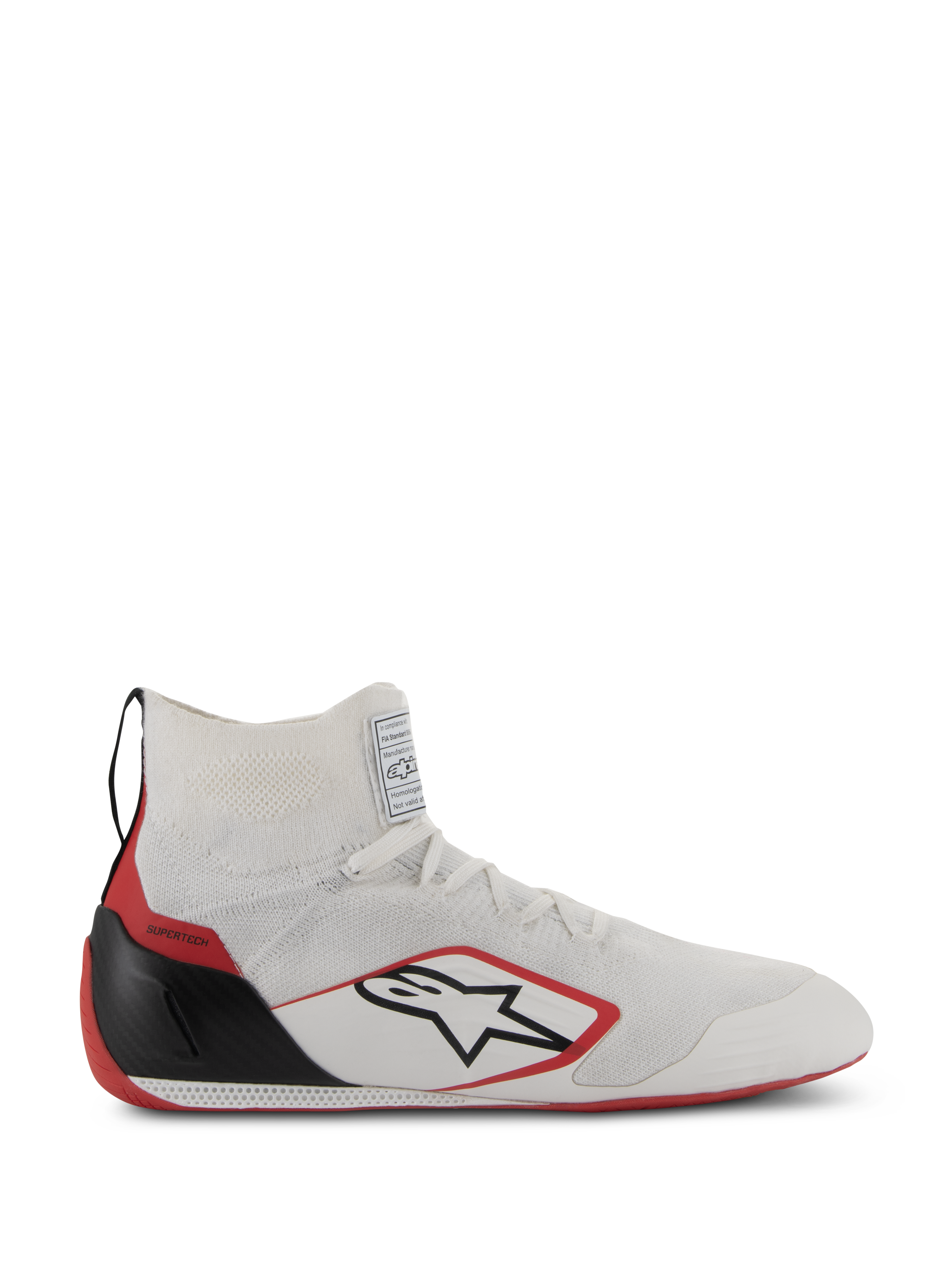Alpinestars Supertech schoenen, FIA/SFI-gecertificeerd autosportschoeisel, wit met rode en zwarte accenten, met een gebreid bovenwerk, carbonfiber hielkap en rode buitenzool, strak hoog ontwerp voor professionele autosport